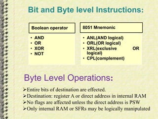 Bit and Byte level Instructions: 
Boolean operator 
• AND 
• OR 
• XOR 
• NOT 
8051 Mnemonic 
• ANL(AND logical) 
• ORL(OR logical) 
• XRL(exclusive OR 
logical) 
• CPL(complement) 
Byte Level Operations: 
Entire bits of destination are effected. 
Destination: register A or direct address in internal RAM 
No flags are affected unless the direct address is PSW 
Only internal RAM or SFRs may be logically manipulated 
 