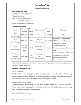 Curriculum Vitae: Hemant Jagatrao Patil Page 1 of 5
Curriculum Vitae
Hemant Jagatrao Patil
PBC Post-doctoral fellow
Agricultural Research Organization
Volcani Center, Israel
Mob. No. +91 9423934907 (India)
+972 58 421 3471 (Israel)
E-mail : hemantpatil8311@gmail.com
Academic qualification:
Level
University/
Institute
Year of
Passing
Advisor/Mentor
Division/
status
Title/study
B.Sc.
(Microbiology)
NMU, India 2004 NA First (68%) NA
M.Sc.
(Microbiology)
NMU, India 2006
Prof. S. B.
Chincholkar
First (63%)
Studies on IAA and Phosphate
Solubilization by Siderophorogenic
Plant Growth Promoters
Ph.D.
(Microbiology)
NMU and
NBAIM,
India
2012
Dr. Bhushan L.
Chaudhari
Awarded
Exploring Antagonistic
Actinomycetes Against Rhizoctonia
solani
Post-doctoral
Research
(Microbiology)
ARO, Israel
2015-
2017
Dr. Eddie Cytryn
and
Dr. Dror Minz
Ongoing
Studies on Impact of Antibiotic Use
in Aquaculture, on Antibiotic
Resistance and Microbial
Community Dynamics
NMU: North Maharashtra University; NBAIM: National Bureau of Agriculturally Important Microorganisms; ARO:
Agricultural Research Organization
Research/ Teaching experience:
Jan 2015 to present
Postdoctoral research fellow, Agricultural Research Organization, Volcani Center, Israel: “Determining
impact of antibiotics used in aquaculture on antibiotic resistance development in the bacterial community
and its spread to other bacteria in the fish pond through mobile genetic elements”.
Jul 2012 to Nov 2014 (29 Months)
Assistant Professor (Microbiology) and then Head Academic Affairs, Rai University, Ahmedabad,
Gujrat, India, which brought experience of teaching microbiology and related subjects as well as being
head, lead the group of around 80 faculty members.
Feb 2012 to Jun 2012 (05 Months)
 