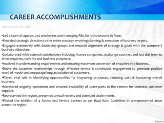 CAREER ACCOMPLISHMENTS
Gems Auto Pvt. LtdGems Auto Pvt. Ltd
•Led a team of approx. 250 employees and managing P&L for 3 showrooms in Pune.
•Provided strategic direction to the entire strategy involving planning & execution of business targets.
•Engaged extensively with dealership groups and ensured alignment of strategy & goals with the company's
business objectives.
•Collaborated with external stakeholders including finance companies, exchange counters and just dial team to
drive enquiries, walk-ins and business prospects.
•Involved in understanding requirements and ensuring maximum conversion of enquiries into business.
•Drove the customer relationships through effective service & continuous engagement to generate positive
word of mouth and encourage long association of customers.
•Played vital role in identifying opportunities for improving processes, reducing cost & increasing overall
business.
•Monitored ongoing operations and ensured availability of spare parts at the centers for seamless customer
support.
•Represented the region, presented annual reports and attended dealer meets.
•Piloted the addition of 4 Authorized Service Centers as per Bajaj Auto Guidelines in un-represented areas
across the region.
 