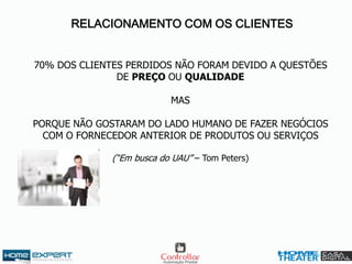 RELACIONAMENTO COM OS CLIENTES
70% DOS CLIENTES PERDIDOS NÃO FORAM DEVIDO A QUESTÕES
DE PREÇO OU QUALIDADE
MAS
PORQUE NÃO GOSTARAM DO LADO HUMANO DE FAZER NEGÓCIOS
COM O FORNECEDOR ANTERIOR DE PRODUTOS OU SERVIÇOS
(“Em busca do UAU” – Tom Peters)
 