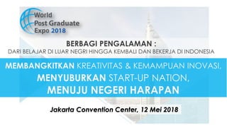 MEMBANGKITKAN KREATIVITAS & KEMAMPUAN INOVASI,
MENYUBURKAN START-UP NATION,
MENUJU NEGERI HARAPAN
BERBAGI PENGALAMAN :
DARI BELAJAR DI LUAR NEGRI HINGGA KEMBALI DAN BEKERJA DI INDONESIA
Jakarta Convention Center, 12 Mei 2018
 