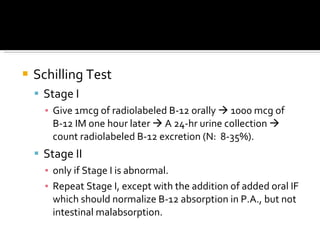 Schilling Test Stage I Give 1mcg of radiolabeled B-12 orally      1000 mcg of B-12 IM one hour later     A 24-hr urine  c ollect ion    count  radiolabeled B-12 excret ion ( N :  8-35% ) . Stage II only if Stage I is abnormal.  Repeat Stage I, except with the addition of added oral IF which should normalize B-12 absorption in P.A., but not intestinal malabsorption.  