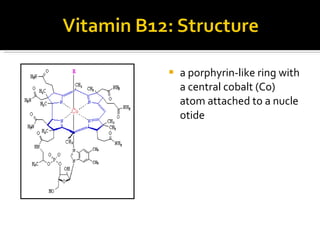 a porphyrin-like ring with a central cobalt ( Co ) atom attached to a nucleotide 