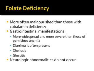 More often malnourished than those with cobalamin deficiency Gastrointestinal manifestations  More widespread and more severe than those of pernicious anemia Diarrhea is often present Cheilosis  Glossitis  Neurologic abnormalities do not occur 