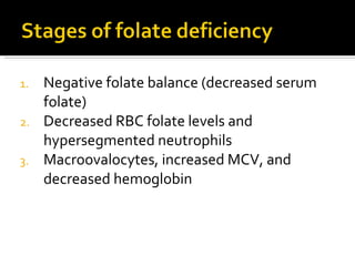 Negative folate balance (decreased serum folate) Decreased RBC folate levels and hypersegmented neutrophils Macroovalocytes, increased MCV, and  decreased hemoglobin 