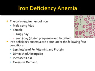 The daily requirement of iron Male  :  1mg / day Female  2mg / day 3mg / day (during pregnancy and lactation) Iron de fi ciency anaemia can occur under the following four conditions: Less Intake of Fe, Vitamins and Protein Diminished Absorption Increased Loss Excessive Demand 
