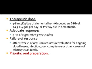 Therapeutic dose: 3-6 mg/Kg/day of elemental iron  Induces an  ↑ Hb of 0.25-0.4 g/dl per day  or 1%/day rise in hematocrit. Adequate response:  ↑   Hb  of 2 g/dl after 3 weeks of  tx Failure of response  after 2 weeks of oral iron requires reevaluation for ongoing blood losses,infection,poor compliance or other causes of  microcytic anaemia. Priority: oral preparation. 