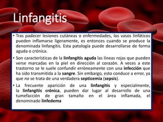 Linfangitis
• Tras padecer lesiones cutáneas o enfermedades, los vasos linfáticos
pueden inflamarse ligeramente, es entonces cuando se produce la
denominada linfangitis. Esta patología puede desarrollarse de forma
aguda o crónica.
• Son características de la linfangitis aguda las líneas rojas que pueden
verse marcadas en la piel en dirección al corazón. A veces a este
trastorno se le suele confundir erróneamente con una infección que
ha sido transmitida a la sangre. Sin embargo, esto conduce a error, ya
que no se trata de una verdadera septicemia (sepsis).
• La frecuente aparición de una linfangitis y especialmente,
la linfangitis crónica, pueden dar lugar al desarrollo de una
tumefacción de gran tamaño en el área inflamada, el
denominado linfedema
 