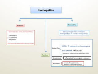 Hemopatias
Primárias	
   Secundárias	
  
Distúrbios	
  das	
  séries	
  homopoiéGcas	
  
	
  
-­‐	
  Eritrocitária	
  
-­‐	
  Leucocitária	
  
-­‐	
  Plaquetária	
  
	
  
Distúrbios	
  de	
  hemostasia	
  e	
  coagulação	
  
Lesão	
  principal	
  não	
  é	
  nos	
  órgãos	
  
hemopoiéGcos	
  ou	
  nas	
  células	
  sanguíneas	
  	
  	
  	
  	
  	
  	
  	
  
RelaGvas	
  
	
  	
  	
  	
  	
  	
  	
  	
  	
  	
  	
  	
  	
  	
  	
  	
  	
  	
  	
  	
  	
  	
  	
  VIRAL	
  	
  à	
  Leucopenia	
  ou	
  	
  Plaquetopenia	
  
Infecções	
  
	
  	
  	
  	
  	
  	
  	
  	
  	
  	
  	
  	
  	
  	
  	
  	
  	
  	
  	
  	
  	
  	
  	
  BACTERIANA	
  	
  à	
  Variável	
  
	
  	
  	
  	
  	
  	
  	
  	
  	
  	
  	
  	
  	
  	
  	
  	
  	
  	
  	
  	
  	
  	
  	
  	
  (leucopenia,	
  leucocitose	
  ou	
  reação	
  leucemóide)	
  
	
  
	
  	
  	
  	
  	
  	
  	
  	
  	
  	
  	
  	
  	
  	
  	
  	
  	
  	
  	
  	
  	
  	
  	
  	
  	
  
	
  
Inﬂamações,	
  hemorragias,	
  estresse,...	
  
Policitemia	
  
Leucocitose	
  
Tumores	
  (Renal,	
  Cerebelar,	
  
HepáGco,	
  	
  Pulmonar	
  e	
  Ovariano)	
  
 