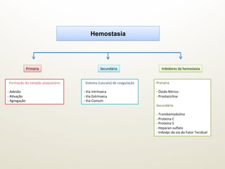 Hemostasia
Primária	
   Secundária	
   Inibidores	
  da	
  hemostasia	
  
Formação	
  do	
  tampão	
  plaquetário	
  
	
  
-­‐	
  Adesão	
  
-­‐	
  AGvação	
  
-­‐	
  Agregação	
  
Sistema	
  (cascata)	
  de	
  coagulação	
  
	
  
-­‐	
  Via	
  Intrínseca	
  
-­‐	
  Via	
  Extrínseca	
  
-­‐	
  Via	
  Comum	
  
Primária	
  
	
  
-­‐	
  Óxido	
  Nítrico	
  
-­‐	
  Prostaciclina	
  
	
  
Secundária	
  
	
  
-­‐	
  Trombomodulina	
  
-­‐	
  Proteína	
  C	
  
-­‐	
  Proteína	
  S	
  
-­‐	
  Heparan-­‐sulfato	
  
-­‐	
  Inibidpr	
  da	
  via	
  do	
  Fator	
  Tecidual	
  
 