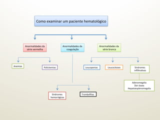 Como	
  examinar	
  um	
  paciente	
  hematológico	
  	
  
Anemias	
  
Anormalidades	
  da	
  	
  
série	
  vermelha	
  
Anormalidades	
  da	
  	
  
coagulação	
  
Anormalidades	
  da	
  	
  
	
  série	
  branca	
  
Policitemias	
   Leucopenias	
   Leucocitoses	
  
Síndromes	
  	
  
	
  hemorrágicas	
  
Tromboﬁlias	
  
Síndromes	
  	
  
	
  inﬂiltraGvas	
  
Adenomegalia	
  
Dor	
  óssea	
  
Hepatoesplenomegalia	
  
 