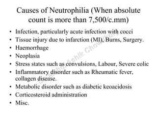 Causes of Neutrophilia (When absolute
count is more than 7,500/c.mm)
• Infection, particularly acute infection with cocci
• Tissue injury due to infarction (MI), Burns, Surgery.
• Haemorrhage
• Neoplasia
• Stress states such as convulsions, Labour, Severe colic
• Inflammatory disorder such as Rheumatic fever,
collagen disease.
• Metabolic disorder such as diabetic keoacidosis
• Corticosteroid administration
• Misc.
 