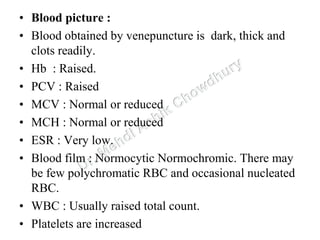 • Blood picture :
• Blood obtained by venepuncture is dark, thick and
clots readily.
• Hb : Raised.
• PCV : Raised
• MCV : Normal or reduced
• MCH : Normal or reduced
• ESR : Very low.
• Blood film : Normocytic Normochromic. There may
be few polychromatic RBC and occasional nucleated
RBC.
• WBC : Usually raised total count.
• Platelets are increased
 
