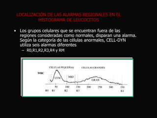 LOCALIZACIÓN DE LAS ALARMAS REGIONALES EN EL
HISTOGRAMA DE LEUCOCITOS
• Los grupos celulares que se encuentran fuera de las
regiones consideradas como normales, disparan una alarma.
Según la categoría de las células anormales, CELL-DYN
utiliza seis alarmas diferentes
– R0,R1,R2,R3,R4 y RM

 