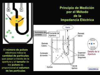 Principio de Medición
por el Método
de la
Impedancia Eléctrica

El número de pulsos
eléctricos indica la
cantidad de partículas
que pasan a través de la
apertura y el tamaño de
los pulsos es
proporcional al volumen
de las partículas

 