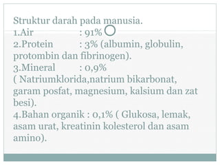 Struktur darah pada manusia.
1.Air : 91%
2.Protein : 3% (albumin, globulin,
protombin dan fibrinogen).
3.Mineral : 0,9%
( Natriumklorida,natrium bikarbonat,
garam posfat, magnesium, kalsium dan zat
besi).
4.Bahan organik : 0,1% ( Glukosa, lemak,
asam urat, kreatinin kolesterol dan asam
amino).
 