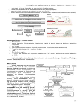 Arlindo Ugulino Netto; Luiz Gustavo Barros; Yuri Leite Eloy – HEMATOLOGIA – MEDICINA P8 – 2011.1
184
A formação do trombo plaquetário vai determinar três alterações básicas:
 Grande consumo dessas células, manifestando-se com isso uma plaquetopenia.
 Isquemia tecidual, especialmente no sistema nervoso central e rins.
 Anemia Hemolítica microangiopática devido à lesão da camada lipídica das hemácias (formando os esquizócitos).
ACHADOS CLÍNICOS E LABORATORIAIS
 Plaquetopenia
 Anemia Hemolítica Microangiopática (esquizócitos): devido à anemia espera-se encontrar reticulócitos
aumentados.
 DHL elevada
 Alterações neurológicas: irritação, ansiedade, agressividade, não reconhecimento dos familiares.
 Função Renal diminuída: uréia e creatinina elevada.
 Febre
 Coombs direto negativo
 TP e TTPA (são utilizados para diagnóstico diferencial com CIVD): na PTT, encontram-se normais (e alterados
na CIVD).
Algumas condições associadas ou predisponentes para esta doença são: doenças virais prévias, HIV, drogas,
gravidez, doenças auto-imunes, história familiar.
TRATAMENTO
Aqueles pacientes que são atendidos
com febre, com níveis de uréia e creatinina
elevada, alterações neurológicas e hemograma
demonstrando anemia microangiopática com
reticulocitose (e presença de esquizócitos) e
trombocitopenia muito provavalmente são
portadores de Púrpura Trombocitopênica
Trombótica.
Para eles, como primeira conduta,
devemos realizar plasmaferese (troca do
plasma). Entretanto, nos serviços em que a PF
não é disponível, podemos utilizar somente a
infusão de plasma fresco congelado (PFC)
como alternativa terapêutica temporária.
Depois disso, realizamos a
plasmaferese (PF) com reposição de PFC
associada à corticoterapia.
Concomitantemente o paciente deve ser
monitorizado com dosagem da Hb, DHL,
plaquetas e esquizócitos. Depois disso devemos
analisar as condições clínicas laboratoriais (Hb,
DHL, palquetas) do paciente:
 