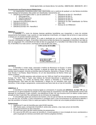 Arlindo Ugulino Netto; Luiz Gustavo Barros; Yuri Leite Eloy – HEMATOLOGIA – MEDICINA P8 – 2011.1
188
CLASSIFICA„‚O DAS COAGULOPATIAS HEREDIT†RIAS
As coagulopatias hereditárias podem estar relacionadas com a carência de qualquer um dos fatores envolvidos
nesta fisiologia da hemostasia. Elas podem ser classificadas, basicamente, em:
 Deficiência de fibrinogênio (fator I), que se subdivide em:
 Afibrinogenemia
 Hipofibrinogenemia
 Disfibrinogenemia
 Deficiência de protrombina (fator II)
 Deficiência de fator V
 Deficiência de fator VII
 Deficiência de fator VIII - Hemofilia A
 Deficiência de fator IX - Hemofilia B
 Deficiência de fator X
 Deficiência de fator XI
 Deficiência de fator XII
 Deficiência do fator estabilizador da fibrina
(fator XIII)
 Doença de von Willebrand
HEMOFILIA
A hemofilia é o nome de diversas doenças genéticas hereditárias que incapacitam o corpo de controlar
sangramentos (hemostasia). Logo, quando um vaso sanguíneo é danificado, um coágulo não se forma e o vaso continua
a sangrar por um período excessivo de tempo.
O sangramento pode ser externo, se a pele é danificada por um corte ou abrasão, ou pode ser interno, em
músculos, articulações ou órgãos. A hemofilia é decorrente da falta dos fatores de coagulação (a hemofilia A tem falta do
fator de coagulação VIII; a hemofilia B tem falta do fator de coagulação IX; a hemofilia C tem falta do fator de coagulação
XI). A hemofilia A é a mais comum, ocorrendo em mais de 80% dos casos.
HISTÓRICO
A hemofilia é, muitas vezes, associada à história da Monarquia na Europa. A rainha
Vitória passou a doença ao seu filho Leopoldo, e através de várias das suas filhas, a várias
famílias reais Europeias, incluindo as famílias reais da Espanha, Alemanha, e Rússia. O filho do
Czar Nicolau II da Rússia, Alexei Romanov, foi um dos descendentes da Rainha Vitória que
herdou a doença.
O termo hemofilia apareceu pela primeira vez em 1828 por Hopff da Universidade de
Zurique. Em 1937, Patek e Taylor, dois médicos de Harvard descobriram a globulina anti-
hemofílica. Pavlosky, um médico de Buenos Aires, separou a Hemofilia A e Hemofilia B
laboratorialmente. Este teste era feito transferindo o sangue de um hemofílico para outro
hemofílico. O fato corrigia o sangramento, comprovando que havia mais de um tipo de hemofilia.
HEMOFILIA A
A hemofilia A é uma doença recessiva ligada ao cromossomo X causada pela deficiência do fator VIII que se
transmite por um gene localizado na posição 2,8 do braço longo do cromossomo X da mãe, aparentemente normal. Esta
alteração no cromossomo X gera, portanto, uma deficiência no fator VIII, que funciona como um efetivo co-fator para a
ativação do fator X pelo fator IXa, participante da via intrínseca da coagulação.
É uma patologia quase que exclusiva aos homens, uma vez que se trata de uma herança ligada ao cromossomo
X (e uma vez que, na mulher, o outro cromossomo X consegue suprir o mau funcionamento do cromossomo alterado; o
que não acontece no homem). Esta é a razão que explica o fato de a mulher ser uma simples portadora da doença.
Epidemiologia.
 Registra-se 01 caso de hemofilia para cada 20.000 nascidos.
 80% destes casos, corresponde à hemofila A, sendo esta, portanto, o tipo mais comum de hemofilia.
 Quase que exclusiva ao sexo masculino
 30 a 40% dos casos não têm história familiar de sangramentos
 Em cerca de 25%-30% dos casos de hemofilia A, o evento genético é novo (mutação de novo), acontecendo a
partir da geração do indivíduo acometido (sem histórico pregresso familiar).
 