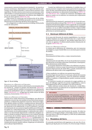 miniMANUAL 1 CTO
Pág. 10
consecuencia, carencia de absorción de vitamina B12
. Se trata de un
proceso autoinmune, objetivándose en el suero del enfermo anti-
cuerpos contra células parietales y contra el factor intrínseco (más
especíﬁcos). Por ello se asocia a otros trastornos autoinmunes, sobre
todo tiroideos. La anemia perniciosa es un proceso premaligno, por
lo cual es necesario el seguimiento del enfermo para diagnóstico
precoz de cáncer gástrico (MIR 04-05, 109).
Debe tenerse en cuenta que, por la destrucción de las células
parietales, se ocasiona aclorhidria, que puede a su vez ocasionar una
disminución de la absorción del hierro de los alimentos.
En su diagnóstico se utiliza la prueba de Schilling. Dicha prueba
consta de varias partes:
Figura 10. Test de Schilling.
DIAGNÓSTICO DE LA DEFICIENCIA DE COBALAMINA.
Laformamássencillaconsisteendeterminarlaconcentración sérica
de vitamina B12
, aunque no siempre está disminuida (MIR 00-01,
112). Se puede observar también un incremento en la eliminación
urinaria de metilmalónico (que no se objetiva en la deﬁciencia de
folato) (MIR 00-01F, 111), al igual que los niveles séricos de dicha
sustancia y homocisteína (MIR 99-00F, 131).
CLÍNICA DE LA DEFICIENCIA DE COBALAMINA.
Además de las citadas alteraciones hematológicas, que afectan no
solamente a la serie roja, sino también al resto de las series hemato-
poyéticas, se objetivan los siguientes trastornos: alteraciones diges-
tivas (glositis atróﬁca de Hunter y malabsorción por afectación de
la mucosa intestinal), alteraciones neurológicas que son motivadas
por alteración en la mielinización, ya que la vitamina B12
participa
en la formación de una sustancia imprescindible para la formación
de mielina (la s-adenosilmetionina). Las alteraciones neurológicas
más frecuentes son las polineuropatías. La alteración más caracte-
rística es la denominada degeneración combinada subaguda me-
dular, en donde se producen alteraciones en los cordones laterales
y posteriores de la médula espinal, manifestadas por alteración
de la sensibilidad vibratoria (MIR 96-97F, 127) y propioceptiva. En
fases avanzadas se puede ocasionar demencia (descartar siempre
la deﬁciencia de cobalamina en personas con demencia, ya que,
tratadas precozmente, pueden mejorar, al igual que en la demencia
provocada por hipotiroidismo).
Cuando hay deﬁciencia de cobalamina, la médula ósea y el
sistema nervioso compiten entre sí para aprovechar la escasa vita-
mina. Por ello, característicamente, las alteraciones neurológicas no
siempre se presentan con alteraciones hematológicas (MIR 01-02,
116; MIR 00-01F, 109), e incluso los trastornos neurológicos más
graves se suelen ver en enfermos con anemias poco importantes
(MIR 99-00, 25).
TRATAMIENTO.
Administración de vitamina B12
parenteral, que en el caso de la ane-
mia perniciosa debe ser de por vida (MIR 95-96, 85). Se produce una
respuesta reticulocitaria rápida al cuarto o quinto día. Es aconsejable
laadministracióndeácidofólico,yaqueladeﬁcienciadecobalamina
ocasiona a su vez un déﬁcit intracelular de folato. Imprescindible
seguir la eventual transformación de la gastritis crónica de la anemia
perniciosa en carcinoma gástrico.
3. 3. Anemia por deficiencia de folato.
Es la causa más frecuente de anemia megaloblástica. Las reservas
de folato hepáticas son útiles solamente para tres o cuatro meses,
a diferencia de las de vitamina B12
que pueden tardar hasta tres a
seis años en agotarse. El etilismo puede producir disminución de
su aporte (MIR 95-96F, 244).
CLÍNICA DE LA DEFICIENCIA DE FOLATO.
La misma que la deﬁciencia de cobalamina, pero sin trastornos
neurológicos, ya que el ácido fólico no es necesario para la síntesis
de mielina.
DIAGNÓSTICO.
Determinación de folato sérico, o mejor, intraeritrocitario.
TRATAMIENTO.
Administración de ácido fólico. En el caso de producirse la anemia
por alteración en las folato reductasas (metotrexate, trimetoprim),
debe administrarse ácido folínico.
Se aconseja administrar ácido fólico a los enfermos con proce-
sos hemolíticos crónicos, ya que el incremento de la hemopoyesis
ocasiona hiperconsumo de ácido fólico y puede ocasionarse una
deﬁciencia de dicho ácido (crisis megaloblástica).
¿Cómo estudiaría a un enfermo con anemia macrocítica?
En primer lugar, hay que tener en cuenta que, además de la anemia
megaloblástica, otros trastornos, como los síndromes mielodis-
plásicos, la aplasia o el hipotiroidismo, pueden ocasionar anemia
macrocítica.
Es esencial el estudio de la extensión de sangre periférica, en
busca de hallazgos sugestivos de anemia megaloblástica, como la
hipersegmentación de los neutróﬁlos o los macroovalocitos.
Deben solicitarse niveles séricos de vitamina B12
y ácido fólico,
y en última instancia, la realización de un aspirado de médula ósea
para el diagnóstico deﬁnitivo.
RECUERDA
Que en las anemias megaloblásticas: VCM aumentado >100 ﬂ,
recuento de reticulocitos disminuido, y en frotis de sangre pe-
riférica: macrocitos ovales e hipersegmentación de neutróﬁlos.
En la bioquímica es característica la elevación de las LDH (al
igual que en la hemólisis).
TEMA 4. ANEMIA FERROPÉNICA.
La ferropenia es la causa más frecuente de anemia. No todos los
enfermos con ferropenia llegan a desarrollar anemia, considerán-
dose que hasta el 20% de las mujeres y el 50% de las embarazadas
la pueden presentar.
4. 1. Metabolismo del hierro.
El contenido total del hierro del organismo es de unos 50 a 55 mi-
ligramos por Kg de peso en el varón y 35 a 40 en la mujer. El hierro
 