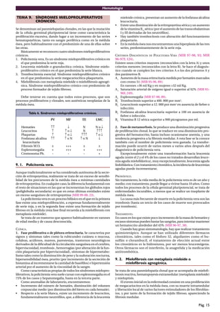 Hematología
Pág. 15
TEMA 9. SÍNDROMES MIELOPROLIFERATIVOS
CRÓNICOS.
Se denominan así panmielopatías clonales, en las que la mutación
de la célula germinal pluripotencial tiene como característica la
proliferación excesiva, dando lugar a un incremento de las series
hematopoyéticas, tanto en sangre periférica como en la médula
ósea, pero habitualmente con el predominio de una de ellas sobre
las otras.
Básicamentesereconocencuatrosíndromesmieloproliferativos
crónicos.
1. Policitemia vera. Es un síndrome mieloproliferativo crónico en
el que predomina la serie roja.
2. Leucemia mieloide o granulocítica crónica. Síndrome mielo-
proliferativo crónico en el que predomina la serie blanca.
3. Trombocitemia esencial. Síndrome mieloproliferativo crónico
en el que predomina la serie megacariocítica-plaquetaria.
4. Mieloﬁbrosis con metaplasia mieloide o mieloﬁbrosis agnogé-
nica. Síndrome mieloproliferativo crónico con predominio de
proceso formador de tejido ﬁbroso.
Debe tenerse en cuenta que todos estos procesos, que son
procesos proliferativos y clonales, son auténticas neoplasias de la
médula ósea.
Tabla 6. Síndromes mieloproliferativos crónicos.
PV MF TE LMC
Hematíes ↑↑ ↓ N N o ↓
Leucocitos ↑ ↑ o ↓ N ↑↑↑
Plaquetas ↑ ↑ o ↓ ↑↑↑ ↑ o ↓
Fosfatasa alcalina ↑↑ ↑ o N ↑ o N ↓
leucocitaria
Fibrosis M.O. ± +++ ± ±
Esplenomegalia + +++ + +++
Cromosoma Ph. - - - +
9. 1. Policitemia vera.
Aunque tradicionalmente se ha considerado autónoma de la secre-
ción de eritropoyetina, realmente se trata de un exceso de sensibi-
lidad de los precursores de la médula ósea a mínimas cantidades
de eritropoyetina. En cualquier caso, la diferencia fundamental con
el resto de situaciones en las que se incrementan los glóbulos rojos
(poliglobulia secundaria) es que en estas últimas entidades existe
un exceso sanguíneo de eritropoyetina (MIR 99-00, 23).
Lapolicitemiaveraesunprocesobifásicoenelqueenlaprimera
fase existe una mieloproliferación, a expensas fundamentalmente
de serie roja, y en la segunda fase existe una formación de tejido
ﬁbroso en la médula (esta fase ﬁnal recuerda a la mieloﬁbrosis con
metaplasia mieloide).
Se trata de un trastorno que aparece habitualmente en varones
de edad media y de causa desconocida.
CLÍNICA.
1. Fase proliferativa o de plétora eritrocitaria. Se caracteriza por
signos y síntomas tales como la rubicundez cutánea o mucosa,
cefaleas, acúfenos, mareos, parestesias, trastornos neurológicos
derivados de la diﬁcultad de la circulación sanguínea en el cerebro,
hiperviscosidad, trombosis , hemorragias (por alteración de la fun-
ción plaquetaria por hiperviscosidad), síntomas de hipermetabo-
lismo tales como la disminución de peso y la sudoración nocturna,
hipersensibilidad ósea, prurito (por incremento de la secreción de
histamina al incrementarse la cantidad de basóﬁlos) e hipertensión
arterial por el aumento de la viscosidad de la sangre.
Como características propias de todos los síndromes mielopro-
liferativos, la policitemia vera suele cursar con esplenomegalia en el
75% de los casos y hepatomegalia, hasta en la tercera parte.
Como anomalías de laboratorio, encontraremos:
• Incremento del número de hematíes, disminución del volumen
corpuscular medio (por disminución del hierro en cada hematíe).
• Respecto a la serie blanca, existe un incremento de leucocitos,
fundamentalmente neutróﬁlos, que, a diferencia de la leucemia
mieloide crónica, presentan un aumento de la fosfatasa alcalina
leucocitaria.
• Existe una disminución de la eritropoyetina sérica y un aumento
de la vitamina B12
sérica (por el aumento de las transcobalaminas
I y III derivadas de los neutróﬁlos).
• Hay también trombocitosis con alteración del funcionamiento
plaquetario.
• En la médula ósea nos encontraremos una hiperplasia de las tres
series, predominantemente de la serie roja.
CRITERIOS DIAGNÓSTICOS DE POLICITEMIA VERA (MIR 97-98, 93; MIR
96-97F, 124).
Existen unos criterios mayores (reconocidos con la letra A) y unos
criterios menores (reconocidos con la letra B). Se hace el diagnós-
tico cuando se cumplen los tres criterios A o los dos primeros A y
dos parámetros B.
A1
Aumento de la masa eritrocitaria medida por hematíes marcados
con cromo 51 (MIR 95-96, 89):
En varones >36 ml/Kg y en mujeres >32 ml/Kg.
A2
Saturación arterial de oxígeno igual o superior al 92% (MIR 95-
96F, 249).
A3
Esplenomegalia (MIR 97-98, 89).
B1
Trombocitosis superior a 400. 000 por mm3
.
B2
Leucocitosis superior a 12. 000 por mm3
en ausencia de ﬁebre o
infección.
B3
Fosfatasa alcalina leucocitaria superior a 100 en ausencia de
ﬁebre o infección.
B4
Vitamina B 12 sérica superior a 900 picogramos por ml.
2. Fase de metamorfosis.Se produce una disminución progresiva
de proliferación clonal, lo que se traduce en una disminución pro-
gresiva del hematocrito, hasta incluso ocasionarse anemia, y una
tendencia progresiva a la ﬁbrosis medular. A esta fase se la conoce
también con el nombre de policitemia vera gastada. La transfor-
mación puede ocurrir de varios meses a varios años después del
diagnóstico de policitemia vera.
Excepcionalmente existe una transformación hacia leucemia
aguda (entre el 2 y el 4% de los casos no tratados desarrollan leuce-
mia aguda mieloblástica), muy excepcionalmente, leucemia aguda
linfoblástica.Contratamientocitostático,laincidenciadeleucemias
agudas puede incrementarse.
PRONÓSTICO.
Sin tratamiento, la vida media de la policitemia vera es de un año y
medio; con tratamiento, puede llegar a vivirse hasta 10 años. Como
todos los procesos de la célula germinal pluripotencial, se trata de
enfermedades incurables, a menos que se realice un trasplante de
médula ósea.
La causa más frecuente de muerte en la policitemia vera son las
trombosis (hasta un tercio de los casos de muerte son provocados
por trombosis).
TRATAMIENTO.
En casos en los que existe poco incremento de la masa de hematíes y
escasossíntomaspuedenbastarlassangrías,paraintentarmantener
un hematocrito alrededor del 45% (MIR 96-97, 38).
Cuando hay gran sintomatología, hay que realizar tratamiento
quimioterápico. Aunque se han utilizado diferentes fármacos
citostáticos, tales como el fósforo 32, alquilantes como el bu-
sulfán o clorambucil, el tratamiento de elección actual entre
los citostáticos es la hidroxiurea, por ser menos leucemógena.
Otros fármacos son el interferón, la anagrelida y la medicación
antitrombótica.
9. 2. Mielofibrosis con metaplasia mieloide o
mielofibrosis agnogénica.
Se trata de una panmielopatía clonal que se acompaña de mieloﬁ-
brosis reactiva, hematopoyesis extramedular (metaplasia mieloide)
y mieloptisis.
El evento inicial en la enfermedad consiste en una proliferación
de megacariocitos en la médula ósea, con su muerte intramedular
y liberación local de varios factores estimuladores de los ﬁbroblas-
tos, y por tanto de la formación de tejido ﬁbroso, apareciendo la
ﬁbrosis medular.
 