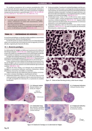 miniMANUAL 1 CTO
Pág. 20
Un moderno tratamiento de la variante promielocítica (M3)
es un derivado del ácido transretinoico, denominado tretinoína o
ácidotodo-transretinóico(ATRA),queinduceremisionescompletas
aunque precisa asociarse a quimioterapia (MIR 97-98, 94; MIR 00-
01F, 114; MIR 00-01, 106; MIR 01-02, 110; MIR 0-05, 119).
RECUERDA
• Leucemia aguda promielocítica (M3), t(15;17), mejor pro-
nóstico, tratamiento con ácido todo-transretinoico (ATRA)
asociado a quimioterapia.
• Otrastraslocacionesquedebesmemorizarsonlat(14,18)del
linfoma folicular, donde se ve implicado el oncogén BCL2, y
la t(8, 14) del linfoma de Burkitt (MIR 04-05, 114).
TEMA 12. ENFERMEDAD DE HODGKIN.
Esunaformadelinfoma,endondelacélulaneoplásicacaracterística
es la denominada célula de Sternberg-Reed.
Esmásfrecuenteenvarones.Presentaunacurvabimodalparala
edad, con un primer pico de incidencia entre la segunda y la tercera
década y segundo pico hacia los 60 años.
12. 1. Anatomía patológica.
La enfermedad de Hodgkin se deﬁne por la presencia de células de
Sternbergenbiopsia(MIR95-96F,250),sibienhayquetenerencuen-
ta que esta célula no es patognomónica de la enfermedad, pudiendo
verse también en linfoma T y en la mononucleosis infecciosa.
ElorigendelacéluladeSternbergesdiscutido,seconsideraquees
unlinfocitoactivadohabitualmenteB(MIR99-00,9).Presentancomo
marcadores característicos el denominado CD 15 y el CD 30 o Ki-1.
Como variantes de las células de Sternberg encontramos la cé-
lula de Hodgkin, que es la variante mononuclear de la anterior, y la
célula lacunar, que es la variante en la enfermedad de tipo esclerosis
nodular (MIR 00-01, 230).
Además de éstas células, en la biopsia de la enfermedad de
Hodgkin se encuentran linfocitos reactivos, histiocitos, células
plasmáticas, leucocitos neutróﬁlos y eosinóﬁlos.
Según la relación de estos diferentes tipos de células, se recono-
cen cuatro variantes histológicas (clasiﬁcación de Rye):
1. Predominio linfocítico. Entre el 5 y el 15% de los casos. Es el de
mejor pronóstico, generalmente afecta a personas jóvenes, no
se suele acompañar de síntomas B y se presenta en estadios
localizados.
2. Esclerosisnodular.Constituyelavariedadhistológicamásfrecuen-
te(del40al75%deloscasos),yeselsegundoenmejorpronóstico
traslaanterior.Secaracterizaporlapresenciadebandasdeﬁbrosis
rodeando nódulos tumorales. Es propio de mujeres jóvenes, con
frecuenciaafectaalmediastinoyseacompañadepruritoyrecidiva
siempre con la misma histología (MIR 00-01F, 217).
3. Celularidad mixta. Entre el 20 y el 40% de los casos. Como
su nombre indica, existen proporciones similares de células
reactivas y células neoplásicas (MIR 02-03, 145). Aparece sobre
todo en personas de edad media, frecuentemente con síntomas
sistémicos y con enfermedad extendida.
4. Depleción linfocítica. Del 5 al 15% de los casos. Indica el peor
pronóstico (MIR 03-04, 65). Se suele acompañar de síntomas B,
diseminación y edad avanzada.
Figura 19. Célula de Reed-Sternberg (arriba) y célula lacunar (abajo).
Figura 18. Clasificación histológica en la enfermedad de Hodgkin.
 