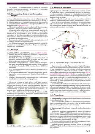 Hematología
Pág. 21
Las variantes 1 y 2 reciben también el nombre de histologías
favorables, por su buen pronóstico, y las variantes 3 y 4, histologías
desfavorables por su mal pronóstico.
12. 2. Diseminación y clínica de la enfermedad de
Hodgkin.
La forma habitual de diseminación es por vía linfática, siguiendo
una diseminación de zonas linfáticas a zonas linfáticas vecinas, y
de ahí a las siguientes en vecindad. Este patrón de diseminación
es característico de la enfermedad de Hodgkin, y lo diferencia del
resto de linfomas (MIR 00-01, 115).
Ademásde la vía linfática,laenfermedad puedediseminarse por
contigüidad a estructuras vecinas y por vía hematógena.
La mayoría de los enfermos se presentan con la aparición de
adenopatías, fundamentalmente cervicales, y en segundo lugar
mediastínicas, no dolorosas, a veces incluso con ﬂuctuación
espontánea. Se describe como típico el síndrome de Hoster, que
consiste en el dolor de las adenopatías tras el consumo de alcohol
en pacientes con esta enfermedad.
Existe afección esplénica en el 30% de los casos y hepática en el
5%, siempre con afección esplénica previa.
Los pacientes presentan infecciones de repetición propias de
enfermos con inmunodeﬁciencia celular (herpes zoster, hongos,
Pneumocystis, Toxoplasma).
12. 3. Estadiaje.
CLASIFICACIÓN DE ANN-ARBOR. Ver ﬁgura 21 (MIR 00-01, 105).
• Estadio I. Afección de una sola área ganglionar u órgano o loca-
lización extralinfática localizada (E).
• Estadio II. Dos o más áreas ganglionares en el mismo lado del
diafragma u órgano extralinfático localizado, más una o más
áreas ganglionares al mismo lado del diafragma.
• Estadio III. Áreas ganglionares a ambos lados del diafragma,
que puede acompañarse de afección esplénica (III-s) u órganos
extralinfáticos localizados (III-E) o ambas. Dentro del III A se
subdividen:
• III A1: limitado a abdomen superior (ganglios portales, celíacos,
esplénicos y bazo).
• III A2: ganglios abdominales inferiores (paraaórticos, ilíacos,
inguinales, mesentéricos, con o sin afección de abdomen
superior).
• Estadio IV. Afección difusa o diseminada de uno o más órganos
extralinfáticos, con o sin afección ganglionar.
Además del estadiaje, se añade la letra A o B, según haya res-
pectivamente ausencia o presencia de síntomas B. Se denominan
síntomas B la presencia de ﬁebre tumoral, sudoración nocturna y
pérdida de peso inexplicada superior al 10% del peso previo en los
6 últimos meses. El prurito, que con frecuencia acompaña a los
síntomas B, por sí solo no se considera un síntoma B.
Debe diferenciarse siempre si el estadiaje de la enfermedad de
Hodgkin ha sido realizado sin laparotomía (estadio clínico) o con
laparotomía (estadio patológico).
Figura 20. Enfermedad de Hodgkin. ensanchamiento mediastínico.
12. 4. Pruebas de laboratorio.
Según progresa la enfermedad, suele aparecer anemia, del tipo
de enfermedad crónica, puede haber leucocitosis con eosinoﬁlia,
y en fases avanzadas, linfopenia. La velocidad de sedimentación
globular se encuentra incrementada, y es un parámetro útil para
la valoración de recidivas.
Si existe afección ósea, lo más frecuente es que ésta sea de tipo
osteolítico, si bien en algunas ocasiones es osteoblástica o mixta.
Entre las técnicas de imagen, actualmente la más utilizada es
la TC, si bien presenta el inconveniente de que los ganglios que no
han aumentado de tamaño, pero que se encuentran inﬁltrados, no
son detectados mediante esta técnica.
Figura 21. Enfermedad de Hodgkin. Clasificación de Ann-Arbor.
Laparotomía de estadiaje (laparotomía tipo Kaplan). La laparo-
tomía de estadiaje se realizaba antiguamente con gran frecuencia.
En la actualidad solamente está indicada su realización cuando el
enfermo presente una enfermedad localizada (estadios I o II), y sea
susceptible de tratamiento exclusivamente radioterápico (MIR 99-
00, 26; MIR 99-00F, 123; MIR 96-97F, 123). La explicación es que el
tratamiento radioterápico precisa de un conocimiento exacto de las
zonas sanas y enfermas. En cambio, en estadios diseminados (III y
IV), que ya precisan de tratamiento quimioterápico, no es necesario
laparotomía, ya que la quimioterapia no se aplica especíﬁcamente
a las zonas enfermas.
Lalaparotomíadeestadiajeconstadeesplenectomía,biopsiasgan-
glionaresmúltiplesdelabdomen,biopsiadeamboslóbuloshepáticos,
ooforopexia y biopsia bilateral de cresta ilíaca (no obstante, antes de
la laparotomía es obligada la biopsia de médula ósea, ya que si esta es
positiva,elenfermoseencuentraenunestadioIVyyaprecisaquimio-
terapia, con lo cual no es necesario laparotomía de estadiaje).
12. 5. Tratamiento.
1. Radioterapia. Se puede realizar radioterapia en enfermos con
estadios localizados (I y II).
En la actualidad hay tendencia al tratamiento con quimiotera-
pia en estadios localizados, con el ﬁn de evitar las complicaciones
derivadas de la esplenectomía y la radioterapia.
2. Quimioterapia.Debe aplicarse en casos de estadiosdiseminados
(III y IV).
Existen dos protocolos quimioterápicos básicos. Se conocen
con las iniciales ABVD y MOPP. Ambos protocolos no tienen resis-
tencia cruzada. El MOPP presenta mayor frecuencia de esterilidad
permanente, fundamentalmente en varones donde la azoospermia
aparece en el 100% de los casos, y de segundas neoplasias, por lo
que es preferible la administración de ABVD.
El número mínimo de ciclos de quimioterapia para conseguir
la remisión completa mantenida es de 6 ciclos.
En determinadas ocasiones se puede utilizar la asociación
MOPP más ABVD, fundamentalmente en casos con criterios de
mal pronóstico.
 