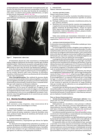 Hematología
Pág. 7
unhipoesplenismo,tambiéndenominado“autoesplenectomía”,que
favorece las infecciones por gérmenes encapsulados. De hecho, la
sepsis neumocócica es la causa más frecuente de mortalidad en
estos niños. Los infartos óseos pueden sobreinfectarse, y es típica
la infección por Salmonella (MIR 97-98, 238).
Eldiagnósticosebasaenunaanemiahemolíticaacompañadade
crisis dolorosas vasooclusivas, y se demuestra por la electroforesis
de hemoglobinas.
Figura 7. Drepanocitosis: infarto óseo.
El tratamiento: durante las crisis vasooclusivas es fundamental
realizaranalgesiaehidratación(loshematíes,alperderagua,facilitan
lafalciformación).Debehacersevacunacióncontragérmenesencap-
sulados, y a diferencia de otras formas de hemólisis congénitas, la es-
plenectomía no tiene valor (de hecho, hay hipofunción esplénica).
Sehaobservadoqueelincrementodelacantidaddehemoglobina
fetal en los hematíes impide la polimerización de hemoglobina S.
En este sentido, fármacos tales como el butirato, la azacitidina,
citarabina o hidroxiurea producen una disminución de la hemólisis
y de las crisis vasooclusivas.
Otras Hemoglobinopatías. Hay multitud de procesos donde,
por mutación de aminoácidos de las cadenas de globina, se produce
una hemoglobina inestable que precipita en el interior del hematíe,
ocasionando los denominados cuerpos de Heinz y causando hemó-
lisis que suele empeorar con fármacos oxidantes.
Hay un subgrupo de hemoglobinopatías, que consisten en
hemoglobinas con un exceso de aﬁnidad por el oxígeno, lo que
ocasiona una disminución de la cesión de oxígeno a los tejidos con
laconsiguientehipoxiatisularcrónica,quedalugaraunincremento
de eritropoyetina y esto a su vez una poliglobulia secundaria. Curio-
samente, estas hemoglobinopatías no se caracterizan por anemia
sino por poliglobulia.
2. 3. Anemias hemolíticas adquiridas.
1. HIPERESPLENISMO.
Suele asociarse a otras citopenias, como consecuencia de la
destrucción de células hematológicas en el bazo.
2. HEMÓLISIS QUÍMICA.
Arsénico, cobre (también en la enfermedad de Wilson), anfoteri-
cina B, venenos de arañas, serpientes y toxina de clostridios, entre
otros, producen lesión directa de membrana del hematíe con la
consiguiente hemólisis.
3. ALTERACIONES METABÓLICAS.
Hiperlipoproteinemias y hepatopatías que alteran los lípidos
plasmáticos.
Por alteración de las lipoproteínas plasmáticas se produce un
aumento de depósito de lípidos en la membrana del hematíe, que
ocasiona alteraciones en la deformabilidad del mismo y hemólisis.
Una de estas variantes es lo que se denomina síndrome de Zieve,
que aparece en enfermos con hepatopatías alcohólicas.
4. PARASITOSIS.
Malaria, babesiosis, bartonelosis.
5. TRAUMA ERITROCITARIO.
Existen varias formas clínicas.
a) Hemoglobinuria de marcha: se produce hemólisis intravascu-
lar como consecuencia de traumatismos repetidos al caminar
(carreras, marcha).
b) Patología cardiovascular: estenosis o insuﬁciencia aórtica, by-
pass, prótesis valvulares.
c) Alteración de la microcirculación (anemia microangiopática):
coagulación intravascular diseminada, hemangioma cavernoso
gigante (síndrome de Kassabach-Merrit), rechazo de injerto
renal, hipertensión maligna, eclampsia, vasculitis, neoplasias
diseminadas, síndrome hemolítico urémico, púrpura trombo-
citopénica trombótica (MIR 04-05, 112).
Todas estas anemias por traumatismo eritrocitario se carac-
terizan por la presencia en la sangre de hematíes fragmentados o
esquistocitos (MIR 95-96F, 248).
6. ANEMIAS INMUNOHEMOLÍTICAS.
Se denomina inmunohemólisis a la hemólisis mediada por inmu-
noglobulinas y/o complemento.
Las inmunoglobulinas pueden ir dirigidas contra antígenos ex-
traños, como ocurre en las reacciones postransfusionales o la enfer-
medad hemolítica del recién nacido, o bien ser autoanticuerpos que
reaccionanconantígenoseritrocitariospropios,comoconsecuencia
delaaccióndirectadeagentesexternosquemodiﬁcanlosantígenos
del hematíe, por reacciones cruzadas con similitud antigénica con
agentes externos o bien por disfunción inmunológica.
Lapatogeniadelainmunohemólisis:siseproduceactivacióndel
complemento(habitualmenteporIgMyavecesporIgG),seproduce
una destrucción inmediata de la membrana del hematíe, ya que las
últimas fracciones del complemento (C5-C9) tienen acción lítica de
membrana. Como la mayor parte de los hematíes se encuentran en
la circulación sanguínea, la hemólisis mediada por complemento
suele ser predominantemente intravascular.
La hemólisis que no es mediada por complemento, sino sólo por
inmunoglobulinas(habitualmenteIgG),tienesulugarfundamental-
mente en el bazo (MIR 97-98, 95), ya que los macrófagos esplénicos
presentan receptores en su membrana para la fracción constante de
la inmunoglobulina G. La captación del hematíe por el macrófago
da lugar a su destrucción completa o bien parcial, produciendo
una disminución de la membrana del hematíe por la fagocitosis,
lo que ocasiona la aparición de esferocitos en sangre periférica
(hay que recordar que los esferocitos no son patognomónicos de
la esferocitosis hereditaria).
La prueba típica de laboratorio para el diagnóstico de la anemia
inmunohemolítica es la prueba de Coombs (MIR 03-04, 68). Dicha
prueba puede detectar inmunoglobulinas o complemento sobre la
membrana del hematíe (Coombs directo), o bien detectar anticuer-
pos en el plasma (Coombs indirecto).
TIPOS DE ANEMIAS INMUNOHEMOLÍTICAS.
1. Anemia Inmunohemolítica por anticuerpos calientes. Cons-
tituyen del 70 al 75% del total de las inmunohemólisis, y son más
frecuentes en mujeres.
Habitualmente son secundarias a otros procesos o enferme-
dades, tales como infecciones, procesos linfoproliferativos (fun-
damentalmente leucemia linfática crónica B), colagenosis (sobre
todo lupus eritematoso diseminado) o fármacos (las anemias por
fármacos se estudiarán posteriormente). (MIR 04-05, 110).
Losenfermospuedenpresentaruna clínica dehemólisiscrónica
o en forma de crisis hemolíticas, ocasionalmente con trombopenia
autoinmune asociada (síndrome de Evans).
ElmecanismodelahemólisisesporIgGhabitualmente,porloque
la mayoría de la hemólisis ocurre, conforme antes se ha explicado, en
el bazo. Dicha IgG suele reaccionar con antígenos del sistema Rh.
El tratamiento debe ser el de la enfermedad de base, asociado
a esteroides. Si no existe respuesta al tratamiento esteroideo, debe
realizarse esplenectomía. Como tercer paso, utilizaríamos fármacos
inmunosupresores como la azatioprina o ciclofosfamida (recuerda
que este esquema terapéutico es similar al de la PTI). En el caso de
que la hemólisis sea severa y sea preciso administrar transfusiones,
 