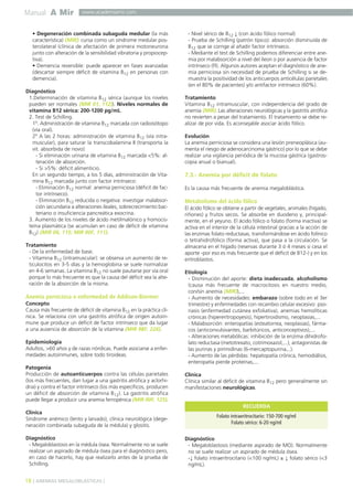 Manual A Mir
18 ] ANEMIAS MEGALOBLÁSTICAS [
www.academiamir.com
• Degeneración combinada subaguda medular (la más
característica) (MIR): cursa como un síndrome medular pos-
terolateral (clínica de afectación de primera motoneurona
junto con alteración de la sensibilidad vibratoria y propiocep-
tiva).
• Demencia reversible: puede aparecer en fases avanzadas
(descartar siempre déficit de vitamina B12 en personas con
demencia).
Diagnóstico
1.Determinación de vitamina B12 sérica (aunque los niveles
pueden ser normales (MIR 01, 112)). Niveles normales de
vitamina B12 sérica: 200-1200 pg/mL.
2. Test de Schilling.
1º. Administración de vitamina B12 marcada con radioisótopo
(vía oral).
2º A las 2 horas: administración de vitamina B12 (vía intra-
muscular), para saturar la transcobalamina II (transporta la
vit. absorbida de novo):
- Si eliminación urinaria de vitamina B12 marcada <5%: al-
teración de absorción.
- Si >5%: déficit alimenticio.
En un segundo tiempo, a los 5 días, administración de Vita-
mina B12 marcada junto con factor intrínseco:
- Eliminación B12 normal: anemia perniciosa (déficit de fac-
tor intrínseco).
- Eliminación B12 reducida o negativa: investigar malabsor-
ción secundaria a alteraciones ileales, sobrecrecimiento bac-
teriano o insuficiencia pancreática exocrina.
3. Aumento de los niveles de ácido metilmalónico y homocis-
teína plasmática (se acumulan en caso de déficit de vitamina
B12) (MIR 06, 115; MIR 00F, 111).
Tratamiento
- De la enfermedad de base.
- Vitamina B12 (intramuscular): se observa un aumento de re-
ticulocitos en 3-5 días y la hemoglobina se suele normalizar
en 4-6 semanas. La vitamina B12 no suele pautarse por vía oral
porque lo más frecuente es que la causa del déficit sea la alte-
ración de la absorción de la misma.
Anemia perniciosa o enfermedad de Addison-Biermer
Concepto
Causa más frecuente de déficit de vitamina B12 en la práctica clí-
nica. Se relaciona con una gastritis atrófica de origen autoin-
mune que produce un déficit de factor intrínseco que da lugar
a una ausencia de absorción de la vitamina (MIR 98F, 226).
Epidemiología
Adultos, >60 años y de razas nórdicas. Puede asociarse a enfer-
medades autoinmunes, sobre todo tiroideas.
Patogenia
Producción de autoanticuerpos contra las células parietales
(los más frecuentes, dan lugar a una gastritis atrófica y aclorhi-
dria) y contra el factor intrínseco (los más específicos, producen
un déficit de absorción de vitamina B12). La gastritis atrófica
puede llegar a producir una anemia ferropénica (MIR 00F, 125).
Clínica
Síndrome anémico (lento y larvado), clínica neurológica (dege-
neración combinada subaguda de la médula) y glositis.
Diagnóstico
- Megaloblastosis en la médula ósea. Normalmente no se suele
realizar un aspirado de médula ósea para el diagnóstico pero,
en caso de hacerlo, hay que realizarlo antes de la prueba de
Schilling.
- Nivel sérico de B12 ↓ (con ácido fólico normal)
- Prueba de Schilling (patrón típico): absorción disminuida de
B12 que se corrige al añadir factor intrínseco.
- Mediante el test de Schilling podemos diferenciar entre ane-
mia por malabsorción a nivel del íleon o por ausencia de factor
intrínseco (FI). Algunos autores aceptan el diagnóstico de ane-
mia perniciosa sin necesidad de prueba de Schilling si se de-
muestra la positividad de los anticuerpos anticélulas parietales
(en el 80% de pacientes) y/o antifactor intrínseco (60%).
Tratamiento
Vitamina B12 intramuscular, con independencia del grado de
anemia (MIR). Las alteraciones neurológicas y la gastritis atrófica
no revierten a pesar del tratamiento. El tratamiento se debe re-
alizar de por vida. Es aconsejable asociar ácido fólico.
Evolución
La anemia perniciosa se considera una lesión preneoplásica (au-
menta el riesgo de adenocarcinoma gástrico) por lo que se debe
realizar una vigilancia periódica de la mucosa gástrica (gastros-
copia anual o bianual).
7.3.- Anemia por déficit de folato
Es la causa más frecuente de anemia megaloblástica.
Metabolismo del ácido fólico
El ácido fólico se obtiene a partir de vegetales, animales (hígado,
riñones) y frutos secos. Se absorbe en duodeno y, principal-
mente, en el yeyuno. El ácido fólico o folato (forma inactiva) se
activa en el interior de la célula intestinal gracias a la acción de
las enzimas folato reductasas, transformándose en ácido folínico
o tetrahidrofólico (forma activa), que pasa a la circulación. Se
almacena en el hígado (reservas durante 3 ó 4 meses si cesa el
aporte -por eso es más frecuente que el déficit de B12-) y en los
eritroblastos.
Etiología
- Disminución del aporte: dieta inadecuada, alcoholismo
(causa más frecuente de macrocitosis en nuestro medio,
con/sin anemia (MIR)),...
- Aumento de necesidades: embarazo (sobre todo en el 3er
trimestre) y enfermedades con recambio celular excesivo: pso-
riasis (enfermedad cutánea exfoliativa), anemias hemolíticas
crónicas (hipereritropoyesis), hipertiroidismo, neoplasias,...
- Malabsorción: enteropatías (esteatorrea, neoplasias), fárma-
cos (anticonvulsivantes, barbitúricos, anticonceptivos),...
- Alteraciones metabólicas: inhibición de la enzima dihidrofo-
lato reductasa (metotrexato, cotrimoxazol,...), antagonistas de
las purinas y pirimidinas (6-mercaptopurina,..).
- Aumento de las pérdidas: hepatopatía crónica, hemodiálisis,
enteropatía pierde proteínas,...
Clínica
Clínica similar al déficit de vitamina B12 pero generalmente sin
manifestaciones neurológicas.
Diagnóstico
- Megaloblastosis (mediante aspirado de MO). Normalmente
no se suele realizar un aspirado de médula ósea.
-↓ folato intraeritrocitario (<100 ng/mL) ± ↓ folato sérico (<3
ng/mL).
Folato intraeritrocitario: 150-700 ng/ml
Folato sérico: 6-20 ng/ml
RECUERDA
 