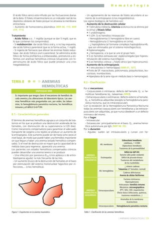 H e m a t o l o g í a
19] ANEMIAS HEMOLÍTICAS [
El ácido fólico sérico está influido por las fluctuaciones diarias
de la dieta. El folato intraeritrocitario es un indicador real de los
depósitos celulares de folato porque no atraviesa la membrana
eritrocitaria.
- Aumento de homocisteína plasmática (MIR 06, 115; MIR
01F, 111).
Tratamiento
- Acido fólico v.o.: 1 mg/día (aunque se dan 5 mg/d, que es
lo que contienen los comprimidos).
- Si malabsorción: dar ácido fólico oral y, si no hay respuesta,
dar ácido folínico parenteral (que es la forma activa, 1 mg/d).
- Si ingesta de fármacos que alteran las enzimas folato reduc-
tasas: dar ácido folínico oral o parenteral. Se administra ácido
fólico de forma profiláctica a embarazadas, prematuros y en-
fermos con anemias hemolíticas crónicas (situaciones con hi-
perconsumo de ácido fólico que puede producir una crisis
megaloblástica).
8.1.- Características generales
El término de anemias hemolíticas agrupa a un conjunto de tras-
tornos en los que se produce una destrucción acelerada de los
hematíes, con disminución de su supervivencia (<120 días).
Como mecanismo compensatorio para garantizar el adecuado
transporte de oxígeno a los tejidos se produce un aumento de
la eritropoyesis. Este aumento puede ser de hasta ocho veces el
nivel basal, de modo que puede haber una hemólisis importante
sin que llegue a haber una anemia (estado hemolítico compen-
sado). Si el nivel de destrucción es mayor que la capacidad de la
médula ósea para regenerar, aparecerá una anemia.
Los pacientes con estados hemolíticos compensados crónicos
pueden desarrollar una anemia severa si se produce:
- Una infección por parvovirus B19 (crisis aplásica o de eritro-
blastopenia aguda): la más frecuente de las tres.
- Un aumento brusco de la destrucción de hematíes en el bazo
por estimulación del sistema mononuclear fagocítico por in-
fecciones,... (crisis hemolítica).
- Un agotamiento de las reservas de folato secundario al au-
mento de la eritropoyesis (crisis megaloblástica).
Los signos biológicos de hemólisis son:
- Aumento de la destrucción celular:
• ↑ bilirrubina indirecta, ictericia acolúrica (no se elimina por
la orina) y litiasis biliar.
• ↑ urobilinógeno.
• ↑ LDH. Si es hemólisis intravascular:
- Hemoglobinemia (↑ hemoglobina libre en suero).
- Hemoglobinuria (↑ hemoglobina en orina).
- ↓ haptoglobina (al formarse complejos haptoglobina-Hb,
que son eliminados por el sistema monofagocítico).
• Esplenomegalia.
• ↓ hemopexina, a la que se une el grupo hem.
• Si es hemólisis extravascular: esplenomegalia (por hiperes-
timulación del sistema macrofágico).
• Si es hemólisis crónica: ↓ folato sérico (por hiperconsumo).
- Aumento de la eritropoyesis:
• ↑ reticulocitos (= hemorragias) (MIR 01, 107).
• Frotis de SP: macrocitosis, policromasia, poiquilocitosis, leu-
cocitosis, trombocitosis.
• Hiperplasia de la serie roja en médula ósea (= hemorragias).
8.2.- Clasificación
Por el mecanismo:
- Corpusculares o intrínsecas: defecto del hematíe. Ej.: a. he-
molíticas hereditarias (ej., talasemias (MIR)).
- Extracorpusculares o extrínsecas: defecto externo al hematíe.
Ej., a. hemolíticas adquiridas (excepto la hemoglobinuria paro-
xística nocturna, que es intracorpuscular).
Con la excepción de la Hemoglobinuria Paroxística Nocturna
todas las anemias corpusculares son hereditarias y las extracor-
pusculares son adquiridas, ya que nunca obedecen a un defecto
intrínseco del mismo.
Por el lugar:
- Intravascular.
- Extravascular: principalmente en el bazo. Ej., anemia hemo-
lítica autoinmune por IgG (MIR 98, 95).
Por la duración:
- Agudas: suelen ser intravasculares y cursan con he-
TEMA 8 ANEMIAS
HEMOLÍTICAS
Es importante que tengas claro el mecanismo de hemólisis de
cada anemia y las alteraciones de laboratorio típicas. Las ane-
mias hemolíticas más preguntadas son, por orden, las talase-
mias, la hemoglobinuria paroxística nocturna, las hemolíticas
inmunes y el déficit G-6-P DH.
ENFOQUE MIR
Figura 1. Esquitocitos en la anemia traumática.
ANEMIAS
HEMOLÍTICAS
CONGÉNITAS
Alt. membrana
Esferocitosis hereditaria:
colelitiasis, ↑ CCMH
Eliptocitosis hereditaria
Trastornos de la permeabilidad
Enzimopatías
Alt. hemoglobina
Extracorpusculares
Intracorpusculares
Déficit de G6P-DH:
favismo (alto poder oxidante)
Déficit de piruvato-kinasa
Trastornos del metabolismo
de los nucleótidos
↓ síntesis cadenas:
Talasemias (nº hematies: normal)
Cadenas defectuosas:
Anemia de células falciformes
Factores intrínsecos:
Hiperesplenismo
Anticuerpos: hemólisis inmunes
Mecánicos: microangiopáticos
(PTT, SHU, CID): esquistocitos
Efecto tóxico (infecciones, químicos,
trastornos metabólicos...)
ANEMIAS
HEMOLÍTICAS
ADQUIRIDAS
Anomalías de la membrana:
Acantocitosis
Hemoglobunuria paroxística nocturna
Tabla 1. Clasificación de las anemias hemolíticas.
 