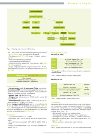 H e m a t o l o g í a
37] SÍNDROMES LINFOPROLIFERATIVOS CRÓNICOS. LINFOMAS NO HODGKIN [
das a alteraciones de la inmunidad (hipogammaglobulinemia)
(MIR 98, 260) y son la principal causa de muerte.
- Trombopenia (MIR 97F, 122): origen infiltrativo o autoin-
mune.
- Adenopatías bilaterales y simétricas.
- Esplenomegalia y hepatomegalia.
- Infiltración de otros tejidos (piel, riñón, pulmón, SNC) (MIR
03, 67): excepcional.
- Mayor riesgo de segundas neoplasias (carcinoma de piel,
tracto digestivo y pulmón) y de fenómenos autoinmunes (MIR
01, 108).
Datos analíticos
- Hemograma y frotis de sangre periférica: leucocitosis,
linfocitosis (>85%, son linfocitos de pequeño tamaño y as-
pecto maduro con sombras de Gümprecht -linfocitos rotos por
excesiva fragilidad-), anemia, trombopenia.
- Médula ósea: >30% de linfocitos.
- Citogenética (alteraciones en el 80% de los casos): del
(13q), trisomía 12,...
- Inmunofenotipo: de linfocitos B (CD19+, CD22+) con co-
expresión de CD5, CD23, CD20 (débil).
Otros: hipogammaglobulinemia (por la inmunodeficiencia
humoral), ↑ LDH, test de Coombs directo positivo (MIR 05,
110), ↑ β2microglobulina. No suele aparecer banda monoclonal
en sangre porque las células son bastante inmaduras como para
secretar inmunoglobulinas (MIR 99F, 125).
Diagnóstico
- Linfocitosis mantenida (>10 x 109/L).
- Morfología típica (con <10% de células de aspecto inma-
duro).
- Inmunofenotipo compatible (CD5, CD19, CD20 -débil- y
CD23).
- Infiltración de médula ósea >30% y/o biopsia medular com-
patible con LLC.
Estadiaje (MIR 05, 117)
Estadios de BINET
Estadios de RAI
Tratamiento
La mayoría de los pacientes asintomáticos no se tratan (absten-
ción terapéutica y realizar controles periódicos) (MIR). El trata-
miento sólo está justificado si existen signos o síntomas
relacionados con la enfermedad (síntomas B, adenopatías pro-
gresivas, Binet B ó C,.. etc):
- Clorambucil: pacientes con edad avanzada.
- Quimioterapia: CHOP, COP, clorambucil + prednisona.
- Análogos de las purinas: fludarabina, cladribina (o 2-CdA).
- Bioterapia: rituximab (anti-CD20), alemtuzumab (anti-CD52)
(MIR 07, 114).
- Otros: trasplante, radioterapia, esplenectomía,..
Evolución
La LLC puede transformarse en una leucemia prolinfocítica
Linfocitos B neoplásicos
Adenopatías
Ganglios
Acumulación progresiva
Bazo Médula ósea
Esplenomegalia Insuficiencia medular
Hiperesplenismo TrombopeniaAnemia NeutropeniaLinfocitosis
absoluta
Fenómenos
autoinmunes InfeccionesDisregulación
inmune
Hipogammaglobulinemia
Figura 3. Etiopatogenia de la leucemia linfática crónica.
Edad avanzada
Linfocitosis, sombras Gümprecht
Tratamiento: abstención si asintomático
CASOS CLÍNICOS (MIR 99F, 133)
BINET A
Hb ≥10 g/dL, plaquetas ≥100 x 109
/L
≤2 áreas ganglionares* afectas
BINET B
Hb≥10 g/dL, plaquetas ≥100 x 109
/L
≥3 áreas ganglionares* afectas
BINET C Hb <10 g/dL o plaquetas <100 x 109
/L
RAI 0 Linfocitosis en SP y MO Bajo riesgo
RAI 1 Linfocitosis + adenopatías Riesgo
intermedioRAI 2 Linfocitosis + espleno y/o hepatomegalia
RAI 3 Linfocitosis + Hb <11 g/dL
Alto riesgo
RAI 4 Linfocitosis + plaquetas <100 x 109
/L
*Áreas ganglionares: cabeza y cuello, axilar, inguinal, esplenomegalia y/o hepa-
tomegalia palpable.
Tabla 4. Estadios de BINET de la leucemia linfática crónica.
Tabla 5. Estadios de RAI de la leucemia linfática crónica.
 