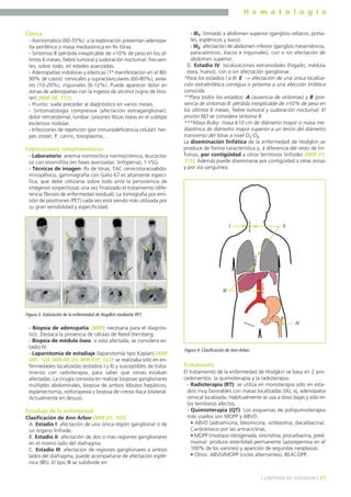 H e m a t o l o g í a
45] LINFOMA DE HODGKIN [
Clínica
- Asintomático (60-70%): a la exploración presentan adenopa-
tía periférica o masa mediastínica en Rx tórax.
- Síntomas B (pérdida inexplicable de >10% de peso en los úl-
timos 6 meses, fiebre tumoral y sudoración nocturna): frecuen-
tes, sobre todo, en edades avanzadas.
- Adenopatías indoloras y elásticas (1ª manifestación en el 80-
90% de casos): cervicales y supraclaviculares (60-80%), axila-
res (10-20%), inguinales (6-12%). Puede aparecer dolor en
zonas de adenopatías con la ingesta de alcohol (signo de Hos-
ter) (MIR 08, 112).
- Prurito: suele preceder al diagnóstico en varios meses.
- Sintomatología compresiva (afectación extraganglionar):
dolor retroesternal, lumbar. Lesiones líticas óseas en el subtipo
esclerosis nodular.
- Infecciones de repetición (por inmunodeficiencia celular): her-
pes zoster, P. carinii, toxoplasma,..
Exploraciones complementarias
- Laboratorio: anemia normocítica normocrómica, leucocito-
sis con eosinofilia (en fases avanzadas: linfopenia), ↑ VSG.
- Técnicas de imagen: Rx de tórax, TAC cervicotoracoabdo-
minopélvico, gammagrafía con Galio 67 es altamente especí-
fica, que debe utilizarse sobre todo ante la persistencia de
imágenes sospechosas una vez finalizado el tratamiento (dife-
rencia fibrosis de enfermedad residual). La tomografia por emi-
sión de positrones (PET) cada vez está siendo más utilizada por
su gran sensibilidad y especificidad.
- Biopsia de adenopatía (MIR): necesaria para el diagnós-
tico. Destaca la presencia de células de Reed-Sternberg.
- Biopsia de médula ósea: si está afectada, se considera es-
tadio IV.
- Laparotomía de estadiaje (laparotomía tipo Kaplan) (MIR
00F, 123; MIR 00, 26; MIR 97F, 123): se realizaba sólo en en-
fermedades localizadas (estadios I y II) y susceptibles de trata-
miento con radioterapia, para saber qué zonas estaban
afectadas. La cirugía consistía en realizar biopsias ganglionares
múltiples abdominales, biopsia de ambos lóbulos hepáticos,
esplenectomía, ooforopexia y biopsia de cresta iliaca bilateral.
Actualmente en desuso.
Estadiaje de la enfermedad
Clasificación de Ann Arbor (MIR 01, 105)
A. Estadio I: afectación de una única región ganglionar o de
un órgano linfoide.
B. Estadio II: afectación de dos o más regiones ganglionares
en el mismo lado del diafragma.
C. Estadio III: afectación de regiones ganglionares a ambos
lados del diafragma, puede acompañarse de afectación esplé-
nica (IIIS). El tipo III se subdivide en:
- III1: limitado a abdomen superior (ganglios celíacos, porta-
les, esplénicos y bazo).
- III2: afectación de abdomen inferior (ganglios mesentéricos,
para-aórticos, iliacos e inguinales), con o sin afectación de
abdomen superior.
D. Estadio IV: localizaciones extranodales (hígado, médula
ósea, hueso), con o sin afectación ganglionar.
*Para los estadios I a III: E → afectación de una única localiza-
ción extralinfática contigua o próxima a una afección linfática
conocida.
**Para todos los estadios: A (ausencia de síntomas) y B (pre-
sencia de síntomas B: pérdida inexplicable de >10% de peso en
los últimos 6 meses, fiebre tumoral y sudoración nocturna). El
prurito NO se considera síntoma B.
***Masa Bulky: masa ≥10 cm de diámetro mayor o masa me-
diastínica de diámetro mayor superior a un tercio del diámetro
transverso del tórax a nivel D5-D6.
La diseminación linfática de la enfermedad de Hodgkin se
produce de forma característica y, a diferencia del resto de lin-
fomas, por contigüidad a otros territorios linfoides (MIR 01,
115). Además puede diseminarse por contigüidad a otras zonas
y por vía sanguínea.
Tratamiento
El tratamiento de la enfermedad de Hodgkin se basa en 2 pro-
cedimientos: la quimioterapia y la radioterapia.
- Radioterapia (RT): se utiliza en monoterapia sólo en esta-
dios muy favorables con masas localizadas (IA), ej, adenopatía
cervical localizada. Habitualmente se usa a dosis bajas y sólo en
los territorios afectos.
- Quimioterapia (QT): Los esquemas de poliquimioterapia
más usados son MOPP y ABVD.
• ABVD (adriamicina, bleomicina, vinblastina, dacarbacina).
Cardiotóxico por las antraciclinas.
• MOPP (mostaza nitrogenada, vincristina, procarbacina, pred-
nisona): produce esterilidad permanente (azoospermia en el
100% de los varones) y aparición de segundas neoplasias.
• Otros: ABVD/MOPP (ciclos alternantes), BEACOPP.
Figura 3. Valoración de la enfermedad de Hogdkin mediante PET.
Figura 4. Clasificación de Ann-Arbor.
I II
III
IV
 