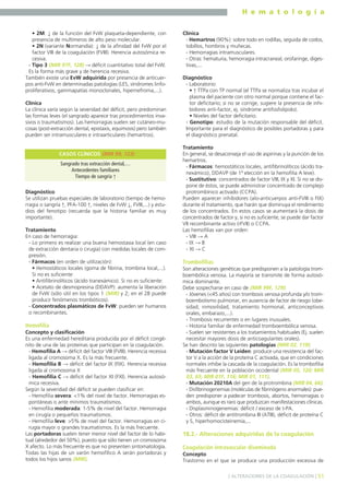 H e m a t o l o g í a
51] ALTERACIONES DE LA COAGULACIÓN [
• 2M: ↓ de la función del FvW plaqueta-dependiente, con
presencia de multímeros de alto peso molecular.
• 2N (variante Normandía): ↓ de la afinidad del FvW por el
factor VIII de la coagulación (FVIII). Herencia autosómica re-
cesiva.
- Tipo 3 (MIR 97F, 128) → déficit cuantitativo total del FvW.
Es la forma más grave y de herencia recesiva.
También existe una EvW adquirida por presencia de anticuer-
pos anti-FvW en determinadas patologías (LES, síndromes linfo-
proliferativos, gammapatías monoclonales, hipernefroma,...).
Clínica
La clínica varía según la severidad del déficit, pero predominan
las formas leves (el sangrado aparece tras procedimientos inva-
sivos o traumatismos). Las hemorragias suelen ser cutáneo-mu-
cosas (post-extracción dental, epistaxis, equimosis) pero también
pueden ser intramusculares e intraarticulares (hemartros).
Diagnóstico
Se utilizan pruebas especiales de laboratorio (tiempo de hemo-
rragia o sangría ↑, PFA-100 ↑, niveles de FvW ↓, FVIII,...) y estu-
dios del fenotipo (recuerda que la historia familiar es muy
importante).
Tratamiento
En caso de hemorragia:
- Lo primero es realizar una buena hemostasia local (en caso
de extracción dentaria o cirugía) con medidas locales de com-
presión.
- Fármacos (en orden de utilización):
• Hemostáticos locales (goma de fibrina, trombina local,...).
Si no es suficiente:
• Antifibrinolíticos (ácido tranexámico). Si no es suficiente:
• Acetato de desmopresina (DDAVP): aumenta la liberación
de FvW (sólo útil en los tipos 1 (MIR) y 2; en el 2B puede
producir fenómenos trombóticos).
- Concentrados plasmáticos de FvW: pueden ser humanos
o recombinantes.
Hemofilia
Concepto y clasificación
Es una enfermedad hereditaria producida por el déficit congé-
nito de una de las proteínas que participan en la coagulación.
- Hemofilia A → déficit del factor VIII (FVIII). Herencia recesiva
ligada al cromosoma X. Es la más frecuente.
- Hemofilia B → déficit del factor IX (FIX). Herencia recesiva
ligada al cromosoma X
- Hemofilia C → déficit del factor XI (FXI). Herencia autosó-
mica recesiva.
Según la severidad del déficit se pueden clasificar en:
- Hemofilia severa: <1% del nivel de factor. Hemorragias es-
pontáneas o ante mínimos traumatismos.
- Hemofilia moderada: 1-5% de nivel del factor. Hemorragia
en cirugía o pequeños traumatismos.
- Hemofilia leve: >5% de nivel del factor. Hemorragias en ci-
rugía mayor o grandes traumatismos. Es la más frecuente.
Las portadoras suelen tener menor nivel del factor de lo habi-
tual (alrededor del 50%), puesto que sólo tienen un cromosoma
X afecto. Lo más frecuente es que no presenten sintomatología.
Todas las hijas de un varón hemofílico A serán portadoras y
todos los hijos sanos (MIR).
Clínica
- Hemartros (90%): sobre todo en rodillas, seguida de codos,
tobillos, hombros y muñecas.
- Hemorragias intramusculares.
- Otras: hematuria, hemorragia intracraneal, orofaringe, diges-
tivas,...
Diagnóstico
- Laboratorio:
• ↑ TTPa con TP normal (el TTPa se normaliza tras incubar el
plasma del paciente con otro normal porque contiene el fac-
tor deficitario; si no se corrige, sugiere la presencia de inhi-
bidores anti-factor, ej. síndrome antifosfolípido).
• Niveles del factor deficitario.
- Genotipo: estudio de la mutación responsable del déficit.
Importante para el diagnóstico de posibles portadoras y para
el diagnóstico prenatal.
Tratamiento
En general, se desaconseja el uso de aspirinas y la punción de los
hemartros.
- Fármacos: hemostáticos locales, antifibrinolíticos (ácido tra-
nexámico), DDAVP (de 1ª elección en la hemofilia A leve).
- Sustitutivo: concentrados de factor VIII, IX y XI. Si no se dis-
pone de éstos, se puede administrar concentrado de complejo
protrombínico activado (CCPA).
Pueden aparecer inhibidores (alo-anticuerpos anti-FVIII o FIX)
durante el tratamiento, que harán que disminuya el rendimiento
de los concentrados. En estos casos se aumentará la dosis de
concentrados de factor y, si no es suficiente, se puede dar factor
VII recombinante activo (rFVII) o CCPA.
Las hemofilias van por orden:
- VIII → A
- IX → B
- XI → C
Trombofilias
Son alteraciones genéticas que predisponen a la patología trom-
boembólica venosa. La mayoría se transmite de forma autosó-
mica dominante.
Debe sospecharse en caso de (MIR 99F, 129):
- Jóvenes (<45 años) con trombosis venosa profunda y/o trom-
boembolismo pulmonar, en ausencia de factor de riesgo (obe-
sidad, inmovilidad, tratamiento hormonal, anticonceptivos
orales, embarazo,...).
- Trombosis recurrentes o en lugares inusuales.
- Historia familiar de enfermedad tromboembólica venosa.
- Suelen ser resistentes a los tratamientos habituales (Ej. suelen
necesitar mayores dosis de anticoagulantes orales).
Se han descrito las siguientes patologías (MIR 02, 119):
- Mutación factor V Leiden: produce una resistencia del fac-
tor V a la acción de la proteína C activada, que en condiciones
normales inhibe la cascada de la coagulación. Es la trombofilia
más frecuente en la población occidental (MIR 05, 120; MIR
03, 65; MIR 01F, 116; MIR 01, 111).
- Mutación 20210A del gen de la protrombina (MIR 04, 66).
- Disfibrinogenemias (moléculas de fibrinógeno anormales): pue-
den predisponer a padecer trombosis, abortos, hemorragias o
ambos, aunque es raro que produzcan manifestaciones clínicas.
- Displasminogenemias: déficit / exceso de t-PA.
- Otros: déficit de antitrombina III (ATIII), déficit de proteína C
y S, hiperhomocisteinemia,...
18.2.- Alteraciones adquiridas de la coagulación
Coagulación intravascular diseminada
Concepto
Trastorno en el que se produce una producción excesiva de
Sangrado tras extracción dental,…
Antecedentes familiares
Tiempo de sangría ↑
CASOS CLÍNICOS (MIR 99, 123)
 