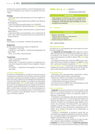 Manual A Mir
52 ] ANTICOAGULANTES [
www.academiamir.com
trombina que ocasiona trombosis y consumo de plaquetas y fac-
tores de la coagulación, que conducen a la aparición de hemo-
rragias.
Etiología
- Infecciones (sobre todo bacterianas, por Gram negativos -E.
coli-) (MIR).
- Traumatismos severos (sobre todo encefálicos, por liberación
de fosfolípidos).
- Cáncer (recuerda que podía aparecer en la LAM-M3).
- Trastornos obstétricos: abruptio placentae (MIR), preeclamp-
sia,...
- Alteraciones vasculares: aneurisma aórtico, síndrome de Ka-
sabach-Merritt,...
- Anemia hemolítica microangiopática: como complicación de
la PTT, SHU o HELLP (recuerda, presencia de esquistocitos en
sangre periférica).
Clínica
Hemorragias y, en ocasiones, trombosis de grandes vasos.
Diagnóstico
No hay ninguna prueba que asegure al diagnóstico.
- ↓ plaquetas / ↑ TP y TTPa.
- ↑ dímero D / ↓ fibrinógeno / ↑ productos de degradación de
fibrina (PDF).
- Otras: ↓ FV y FVIII, ↓ antitrombina III,...
Tratamiento
- Tratar la causa desencadenante.
- Según predomine:
• Hemorragia → tratamiento sustitutivo con plaquetas y fac-
tores de la coagulación (plasma fresco congelado, criopreci-
pitados).
• Trombosis → tratamiento anticoagulante con heparina a
dosis bajas.
Síndrome antifosfolípido
El síndrome antifosfolípido es una afección autoinmune que se
caracteriza por el desarrollo de trombosis recurrentes (venosas
y arteriales), complicaciones obstétricas (abortos o pérdidas fe-
tales recurrentes) y alteraciones hematológicas (trombocitopenia
o anemia hemolítica) asociados a la presencia de anticuerpos
antifosfolípidos (AAF) (MIR). Los AAF inhiben a los fosfolípidos,
por lo que son las plaquetas las que se encargan de activar la co-
agulación, produciendo fenómenos trombóticos (y no hemorra-
gias). Los AAF mejor conocidos son los Ac anticardiolipina, la
b2glicoproteína y el anticoagulante lúpico. El SAF puede ser pri-
mario o asociarse a otras patologías inmunes, en especial al
lupus eritematoso sistémico.
19.1.- Heparinas
Mecanismo de acción
La heparina es un anticoagulante que actúa sobre la vía intrín-
seca de la coagulación:
- Las heparinas no fraccionadas (HNF): potencian la activi-
dad anticoagulante de la antitrombina III (ATIII), que inhibe a
la trombina y a los factores X, XI, IX y XII activados. Para el
control del tratamiento con HNF se utiliza el TTPa (MIR) (ratio
TTPa 1,7-2).
- Las heparinas de bajo peso molecular (HBPM) tienen activi-
dad anti-FXa (menor riesgo de sangrado). Las HBPM no nece-
sitan control del tiempo de coagulación (MIR 08, 116; MIR
02, 120; MIR 01, 110). Se usan más, tienen mayor biodispo-
nibilidad que las HNF y su eliminación es renal (en horas). Pro-
ducen menos frecuentemente trombopenia que las HNF.
Contraindicaciones
- Hemorragia activa (post-operatoria, espontánea) o antece-
dentes de hemorragia (cerebral, subaracnoidea).
- Hipertensión arterial no controlada (crisis hipertensiva).
- Cirugía ocular o del sistema nervioso central reciente.
- Trombocitopenia inducida por heparina.
- Insuficiencia renal: las HBPM están contraindicadas en estos
casos porque su eliminación es renal.
Efectos secundarios
- Sangrado por exceso de dosis (es el más frecuente): puede
aparecer en cualquier localización (en el retroperitoneo pro-
duce un cuadro de dolor lumbar con sudoración, palidez, hi-
potensión y taquicardia).
- Trombopenia: la trombopenia inducida por heparina (TIH) es
un efecto secundario raro (1-5% de los pacientes tratados con
heparina) que aparece a la semana (5-7días) de iniciar el tra-
tamiento. Se produce una trombopenia severa debido a la for-
mación de anticuerpos Anti-Heparina-FP4, que producen
sangrado asociado a trombosis arterial o venosa. El trata-
miento consiste en retirar la heparina y cambiarla por otro in-
hibidor de la trombina del grupo de los heparinoides: la
Huridina (MIR 07, 117).
- Trombosis y trombopenia: se producen cuando hay una
trombopenia por agregación plaquetaria inducida por la hepa-
rina. Las plaquetas liberan factor plaquetario 4, que inhibe a la
heparina, produciéndose la trombosis.
- Otros: osteoporosis, necrosis cutánea (en el lugar de inyec-
ción), alopecia, hipersensibilidad, hipoaldosteronismo,...
El antídoto de la heparina sódica es el sulfato de protamina.
En el caso de que un paciente que lleve heparina y deba some-
TEMA 19 ANTI-
COAGULANTES
Suelen preguntar en forma de caso clínico o verdadero-falso,
estúdiate bien los test que monitorizan el tratamiento con an-
ticoagulantes, el INR adecuado según la patología y los efectos
secundarios de las heparinas.
ENFOQUE MIR
- Heparinas no fraccionadas:
• Heparina cálcica (en desuso): vía subcutánea (sc)
• Heparina sódica: vía intravenosa
- Heparinas de bajo peso molecular: vía sc
TIPOS DE HEPARINAS
Tabla 1. Heparinas habituales.
 