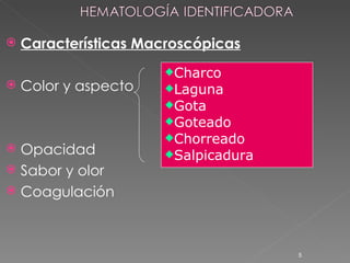 Características Macroscópicas Color y aspecto Opacidad Sabor y olor Coagulación Charco Laguna Gota Goteado Chorreado Salpicadura 