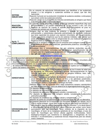 Jus Médica: Medicina Legal y Forense Dr. Jorge Castellanos Sainz514
SISTEMA
INMUNITARIO
Es un conjunto de estructuras linforreticulares que identifican a las sustancias
propias y a los antígenos o sustancias extrañas al cuerpo, que dan dos
reacciones:
Reacción humoral con la producción inmediata de sustancia solubles o anticuerpos
que actúan contra las sustancias extrañas
Reacción celular es la producción de linfocitos sensibilizados al antígeno que libera
a las linfocinas como una reacción tardía
REACCIÓN
INMUNITARIA
Es inducida porque responde a ciertas sustancias extrañas específicas (Ag) que
son transferibles y se pueden trasplantar de un ser humano a otro, con una
memoria de reacción de cuando el aparato inmunocompetente se puso en
contacto por primera vez con el antígeno
Ag-Ac Y
COMPLEMENTO
Antígeno (Ag) es toda molécula de proteína, y algunas de ácidos grasos
polimerizados y carbohidratos altamente polimerizados de alto peso molecular
que tiene capacidad de producir una reacción inmunitaria; así los aminoácidos
lineales son menos antigénicos que los de cadenas múltiples; cabe señalar que
existe una relación directa entre la antigenicidad de una molécula y la distancia
filogénica entre el organismo de origen y el receptor
Hapteno es un antígeno incompleto que se comporta como antígeno cuando se une
a una molécula de gran peso molecular, generalmente proteínica, conocida como
molécula portadora
Anticuerpos (Ac) o inmunoglobulinas (Ig) son proteínas producidas por las
reacciones inmunitarias humorales que se combinan específicamente con el
antígeno que las origina y que de acuerdo con sus cadenas se dividen en IgG,
IgA, IgM, IgD, e IgE
IINNMMUUNNOODDEEFFIICCIIEENNCCIIAASS
Es la incapacidad para producir efectores de la reacción inmunitaria.
Inmunodeficiencia hereditaria: existe la incapacidad de producir efectores de la reacción inmunitaria por
desarrollo incompleto e inadecuado del sistema inmunitario
Inmunodeficiencia adquirida: es la incapacidad de producir efectores de la reacción inmunitaria por efectos
de radiaciones, sustancias citotóxicas, neoplasias malignas y otros agentes en sujetos con funcionamiento
óptimo del sistema inmunitario
HEREDITARIAS
Defectos de linfocitos B en forma hereditaria después de los 6 meses de edad que
se acompaña de infecciones frecuentes y graves. Microscópicamente no hay
folículos germinales ni células plasmáticas en ganglios linfáticos, bazo, tubo
digestivo y médula ósea
Linfocitos T deficientes por defecto de desarrollo embrionario del tercero y cuarto
arcos faríngeos de los que se forman el timo y las glándulas paratiroides,
observándose ausencia de timo, incapacidad de inmunidad celular, tetania
neonatal, arco aórtico a la derecha y Tetralogía de Fallot
Defectos mixtos que se transmite como rasgo autosómico recesivo característico
por falta de linfocitos B y T como se observa en la Agamaglobulinemia tipo Suizo.
ADQUIRIDAS
Por depósito de anticuerpo IgA
Por depósito de anticuerpo (IgE) y antígeno soluble
Por depósito de anticuerpo (Ig), antígeno soluble y complemento.
Por depósito de anticuerpo (Ig), antígeno soluble, complemento y leucocitos
polimorfonucleares
Por depósito de anticuerpo (Ig), antígeno celular y complemento
Depósito de partes de complemento o de complemento activado por vía alternativa
HIPERSENSIBILIDAD
CELULAR
Se presenta alteración en el mecanismo de inmunidad mediada por células, por lo
que en vez de proteger, causa daño tisular en las que intervienen los linfocitos T y
macrófagos A, que se verifica directamente entre los linfocitos T y la célula blanco
e indirectamente porque el linfocito T libera linfocinas que actúan como factor
quimiotáctico para los macrófagos, factor inhibidor de la migración de los
macrófagos, el factor de la metaplasia epitelioide de los macrófagos, el ipso de
fusión de macrófagos que forman células gigantes multinucleadas, factor
blastógeno-mitógeno que transforma la blastogénesis y mitogénesis de los
linfocitos T no-sensibilizados y sustancias tóxicas inespecíficas para las células
vivas o citotoxina
No Vender Colegio Mexicano de Ciencias Forenses A.C. www.mexicoforense.org
 
