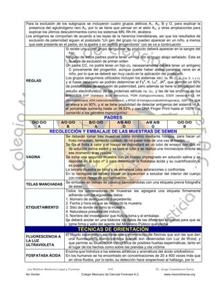 Jus Médica: Medicina Legal y Forense Dr. Jorge Castellanos Sainz516
Para la exclusión de los subgrupos se incluyeron cuatro grupos alélicos A1, A2, B y O, para explicar la
presencia del aglutinógeno raro A3, por lo se tiene que pensar en el alelo A3, y otras ampliaciones para
explicar los últimos descubrimientos como los sistemas MN, Rh-Hr, etcétera
Los antígenos se comportan de acuerdo a las leyes de la herencia mendelianas, así que los resultados de
exclusión de paternidad siguen el postulado “Un gen del grupo no pueden aparecer en un niño, a menos
que esté presente en el padre, en la madre o en ambos progenitores” con se ve a continuación
REGLAS
Si existe uno u otro grupo sanguíneo, su producto deberá aparecer en la sangre del
hijo
Ninguno de estos padres podría tener un hijo con el grupo abajo señalado. Esta es
la regla de exclusión de primer orden
Un padre CC, no podrá tener un hijo cc, necesariamente deberá tener un antígeno
C proveniente del progenitor, aunque puede haber alelos paralelos raros en el
niño, por lo que se deberá ser muy cauto en la aplicación del postulado.
Los grupos sanguíneos utilizados incluyen los sistemas ABO, Ss, Rh (D, C, Cw, E, c y c),
y si fuese necesario se podrán determinar el Fya
, K, Lua
, JKa
, que permite un 60%
de posibilidades de exclusión de paternidad, pero además se tiene la posibilidad del
estudio electroforético de las proteínas séricas Hp, Gc, y las de las enzimas de los
eritrocitos EAP (fosfatasa ácida eritrocítica), PGM (fosfoglucomutasa), ESD9 (estearasa D), AK
(adelinatokinasa), ADA (adenosindeaminasa), y 6PGD (6-fosfogluconatodehidrogenasa), con las que
se eleva a un 90%, y si se tiene posibilidad de detectar antígenos del sistema HLA,
el porcentaje aumenta hasta un 98.62% y con DNA Finger Print hasta el 100% (no
contando a los gemelos monocigotos)
PPAADDRREESS
O/O O/O
A
A/O O/O
B
B/O O/O
A
A/B A/O
O
A/B A/B
O
O/O O/O
B
RREECCOOLLEECCCCIIÓÓNN YY EEMMBBAALLAAJJEE DDEE LLAASS MMUUEESSTTRRAASS DDEE SSEEMMEENN
VAGINA
Se deberán tomar tres muestras como mínimo mediante hisopos, para hacer un
frotis inmediato, teniendo cuidado de no pasar más de una vez el hisopo.
Se fija el frotis a calor y el hisopo se depositará en un tubo de ensayo con dos ml
de solución salina estéril y se tapa el tubo y se realiza una microscopia directa en
ese momento si es posible
Se toma una segunda muestra con un hisopo impregnado en solución salina y se
deposita en el tubo nº 2 para determinar la fosfatasa ácida y su cuantificación si
es posible
La tercera muestra se toma y se almacena para aclaraciones o confrontas.
En la necropsia se deberá tomar un espécimen a estudiar del interior del cuerpo
con menos riesgo de contaminación
TELAS MANCHADAS
Se embalan en bolsas de plástico cancelándolas con una etiqueta previa fotografía
de éstas
ETIQUETAMIENTO
Todos los contenedores de muestras les agregará una etiqueta firmemente
adherida con los siguientes datos:
1. Número de averiguación o expediente;
2. Fecha y hora en que se recolectó la muestra;
3. Sitio de donde se tomo la muestra;
4. Naturaleza presunta del indicio;
5. Nombre del investigador que hizo la toma y el embalaje.
Se deberá anotar en una bitácora los datos de las diferentes etiquetas para que se
tome firma y sello del agente del Ministerio Público que recibe
TÉCNICAS DE ORIENTACIÓN
FLUORESCENCIA A
LA LUZ
ULTRAVIOLETA
El líquido espermático contiene alta concentración de flavinas que son las que dan
una fluorescencia blanco-verdosa cuando son observadas con Luz de Wood, y
que permite su localización topográfica de posibles huellas espermáticas, tanto en
el lugar de los hechos como sobre las prendas y ola víctima
FOSFATASA ÁCIDA
Enzima que hidroliza a los esteres alifáticos y aromáticos del ácido ortofosfórico.
En los humanos se ha encontrado en concentraciones de 20 a 400 veces más que
en otros fluidos, por lo tanto, su detección hace sospechoso al hallazgo, por lo
No Vender Colegio Mexicano de Ciencias Forenses A.C. www.mexicoforense.org
 