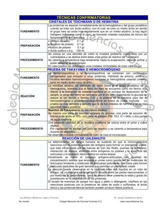 Jus Médica: Medicina Legal y Forense Dr. Jorge Castellanos Sainz509
TÉCNICAS CONFIRMATORIAS
CCRRIISSTTAALLEESS DDEE TTEEIICCHHMMAANNNN OO DDEE HHEEMMAATTIINNAA
FUNDAMENTO
Las proteínas se separan inmediatamente de la hemoglobina y del grupo prostético
cuando se trata con ácido acético, con el cual, se crea un medio ácido en donde
el grupo hem se oxida más rápidamente que en un medio alcalino; si hay algún
halógeno inorgánico como el cloro, se formarán cristales insolubles de cloruro de
ferriprotoporfirina o hematina
PREPARACIÓN
 Cloruro de sodio 0.1 gr
 Bromuro de potasio 0.1 gr
 Ioduro de potasio 0.1 gr
 Ácido acético c.b.p. 100 ml
PROCEDIMIENTO
Se coloca en una laminilla de vidrio la muestra problema cubriéndola con un
cubreobjetos y se desliza entre éstas unas gotas de reactivo de Teichmann.
Se calienta a temperatura baja lentamente hasta la evaporación, dejando enfriar y
poder observar al microscopio
En caso positivo se observarán unos cristales romboidales de color café oscuro
PPRRUUEEBBAA DDEE TTAAKKAAYYAAMMAA OO HHEEMMOOCCRROOMMÓÓGGEENNOO
FUNDAMENTO
La ferroprotoporfirina y la ferriprotoporfirina se combinan con compuestos
nitrogenados que incluyen a otras proteínas, hidróxido de amonio, piridina y
nicotina llamados hemocromógenos mediante la hemoglobina creando cristales
tanto en medio ácido como alcalino
REACCIÓN
La hidrólisis alcalina del hidróxido de sodio libera el al grupo prostético de la
hemoglobina, mientras que el fierro del hem se encuentra como ión férrico (+3)
debido a la formación de metahemoglobina en el proceso de desecación de la
sangre. la carga del hierro se neutraliza por el ión OH. Calentando la glucosa se
reduce el ión férrico a ferroso (+2) y la piridina se le combina para dar el
hemocromógeno o piridinferroprotoporfirina en forma de cristal insoluble. La
prueba es más sensible y sencilla que la de los cristales de hemina y no se han
reportado falsos positivos
PREPARACIÓN
Reactivo de Takayama es de naturaleza alcalina
Se mezcla una parte de solución saturada de glucosa, una parte de solución de
hidróxido de sodio al 10%, una parte de piridina (PM: 79.2 D = 048), y dos partes
de agua destilada
PROCEDIMIENTO
Una pequeña cantidad de la muestra problema se coloca entre el porta y cubre
objetos
Por capilaridad se agrega una poco de reactivo y se calienta a temperatura baja
durante 30 segundos
Se observan cristales romboidales de color de rosa al microscopio
RREEAACCCCIIÓÓNN DDEE UUHHLLEENNHHUUTTHH
FUNDAMENTO
La determinación de sangre humana se sustenta en que la inmunoglobulina
reacciona con la proteína soluble del antígeno para formar un precipitado visible,
que está influenciada por las fuerzas de Van der Walls, puentes de hidrógeno,
interacción de dipolos, atracción entre antígenos no polares y la superficie del
anticuerpo y la atracción electrostática en varias etapas
Inicialmente se forma el complejo antígeno-anticuerpo (en igualdad de
concentración) soluble que empieza a unirse como tupida red de moléculas de
anticuerpo bivalente y moléculas de anticuerpo polivalente que crece para formar
partículas insolubles de gran tamaño que permiten un precipitado visible
La reacción puede observarse en la interfase entre dos líquidos en un tubo de
ensayo, en un capilar o sobre gel por la difusión entre las partes reaccionantes, o
por medio de la electroforesis, pero se deberá tener presente la edad y grado de
putrefacción en la degradación de las proteínas
El lavado de manchas de sangre con agua y jabón o detergente, interfiere en las
reacciones positivas con la presencia de sales de sodio o sulfonatos; el ácido
tánico y las proteínas séricas también pueden producir falsos positivos
No Vender Colegio Mexicano de Ciencias Forenses A.C. www.mexicoforense.org
 
