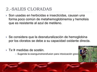 2.-SALES CLORADAS
   Son usadas en herbicidas e insecticidas, causan una
    forma poco común de metahemoglobinemia y hemolisis
    que es resistente al azul de metileno.



   Se considera que la desnaturalización de hemoglobina
    por los cloratos se debe a su capacidad oxidante directa.

   Tx medidas de sostén.
           Sugerida la exanguinotransfusion para intoxicación grave.
 
