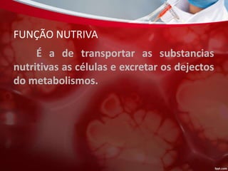 FUNÇÃO NUTRIVA
É a de transportar as substancias
nutritivas as células e excretar os dejectos
do metabolismos.
 
