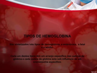 TIPOS DE HEMOGLOBINA
São sintetizados três tipos de hemoglobina: a embriónica, a fetal
e a adulto.
Cada um destes tipos têm um arranjo específico das cadeias de
globina e cada cadeia de globina esta sob influência de um
cromossoma específico.
 