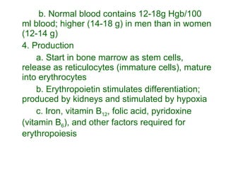   b. Normal blood contains 12-18g Hgb/100 ml blood; higher (14-18 g) in men than in women (12-14 g) 4. Production a. Start in bone marrow as stem cells, release as reticulocytes (immature cells), mature into erythrocytes b. Erythropoietin stimulates differentiation; produced by kidneys and stimulated by hypoxia c. Iron, vitamin B 12 , folic acid, pyridoxine (vitamin B 6 ), and other factors required for erythropoiesis 