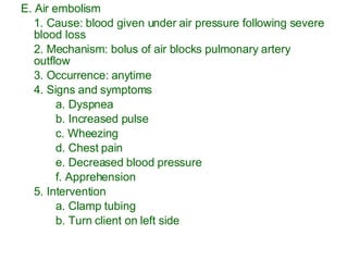 E. Air embolism 1. Cause: blood given under air pressure following severe blood loss 2. Mechanism: bolus of air blocks pulmonary artery outflow 3. Occurrence: anytime 4. Signs and symptoms a. Dyspnea b. Increased pulse c. Wheezing d. Chest pain e. Decreased blood pressure f. Apprehension 5. Intervention a. Clamp tubing b. Turn client on left side 