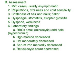 B. Assessment 1. Mild cases usually asymptomatic 2. Palpitations, dizziness and cold sensitivity 3. Brittleness of hair and nails; pallor 4. Dysphagia, stomatitis, atrophic glossitis 5. Dyspnea, weakness 6. Laboratory findings a. RBCs small (microcytic) and pale (nypochromic) b. Hgb marked decreased c. Hct moderately decreased d. Serum iron markedly decreased  e. Reticulocyte count decreased 