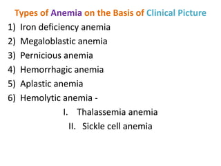 Types of Anemia on the Basis of Clinical Picture
1) Iron deficiency anemia
2) Megaloblastic anemia
3) Pernicious anemia
4) Hemorrhagic anemia
5) Aplastic anemia
6) Hemolytic anemia -
I. Thalassemia anemia
II. Sickle cell anemia
 