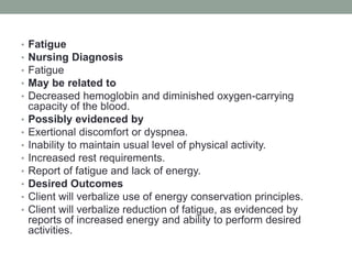 • Fatigue
• Nursing Diagnosis
• Fatigue
• May be related to
• Decreased hemoglobin and diminished oxygen-carrying
capacity of the blood.
• Possibly evidenced by
• Exertional discomfort or dyspnea.
• Inability to maintain usual level of physical activity.
• Increased rest requirements.
• Report of fatigue and lack of energy.
• Desired Outcomes
• Client will verbalize use of energy conservation principles.
• Client will verbalize reduction of fatigue, as evidenced by
reports of increased energy and ability to perform desired
activities.
 