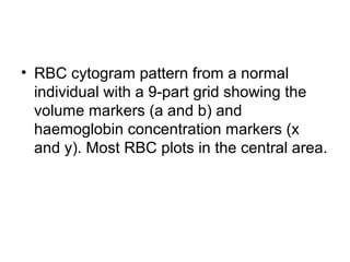 • RBC cytogram pattern from a normal
individual with a 9-part grid showing the
volume markers (a and b) and
haemoglobin concentration markers (x
and y). Most RBC plots in the central area.
 