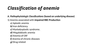 Classification of anemia
A. Pathophyisiologic Classifications (based on underlying disease)
1) Anemia associated with impaired RBC Production
a) Aplastic anemia
b) Iron deficiency
c) Myelodysplastic syndrome.
d) Megaloblastic anemia
e) Anemia of CRF
f) Anemia of chronic diseases
g) Drug related
 