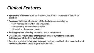 Clinical Features
• Symptoms of anemia such as tiredness, weakness, shortness of breath on
exertion
• Recurrent infection of any part of the body is common due to
• Low neutrophil count in the circulation
• Functionally abnormal neutrophils
• Disruption of mucosal barriers
• Bruising and/or bleeding related to low platelet count
• Occasionally, lymph node enlargement and/or symptoms relating to
enlargement of the liver and spleen.
• Symptoms related to hypoperfusion of the lungs and brain due to occlusion of
microcirculation of these organs by blast cells.
 