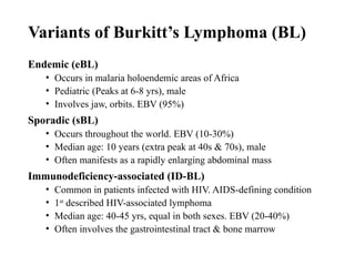 Variants of Burkitt’s Lymphoma (BL)
Endemic (eBL)
• Occurs in malaria holoendemic areas of Africa
• Pediatric (Peaks at 6-8 yrs), male
• Involves jaw, orbits. EBV (95%)
Sporadic (sBL)
• Occurs throughout the world. EBV (10-30%)
• Median age: 10 years (extra peak at 40s & 70s), male
• Often manifests as a rapidly enlarging abdominal mass
Immunodeficiency-associated (ID-BL)
• Common in patients infected with HIV. AIDS-defining condition
• 1st
described HIV-associated lymphoma
• Median age: 40-45 yrs, equal in both sexes. EBV (20-40%)
• Often involves the gastrointestinal tract & bone marrow
 