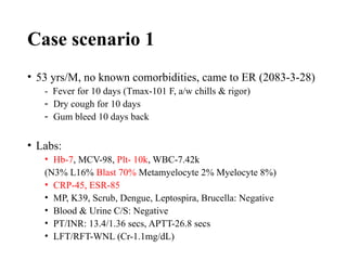 Case scenario 1
• 53 yrs/M, no known comorbidities, came to ER (2083-3-28)
- Fever for 10 days (Tmax-101 F, a/w chills & rigor)
- Dry cough for 10 days
- Gum bleed 10 days back
• Labs:
• Hb-7, MCV-98, Plt- 10k, WBC-7.42k
(N3% L16% Blast 70% Metamyelocyte 2% Myelocyte 8%)
• CRP-45, ESR-85
• MP, K39, Scrub, Dengue, Leptospira, Brucella: Negative
• Blood & Urine C/S: Negative
• PT/INR: 13.4/1.36 secs, APTT-26.8 secs
• LFT/RFT-WNL (Cr-1.1mg/dL)
 